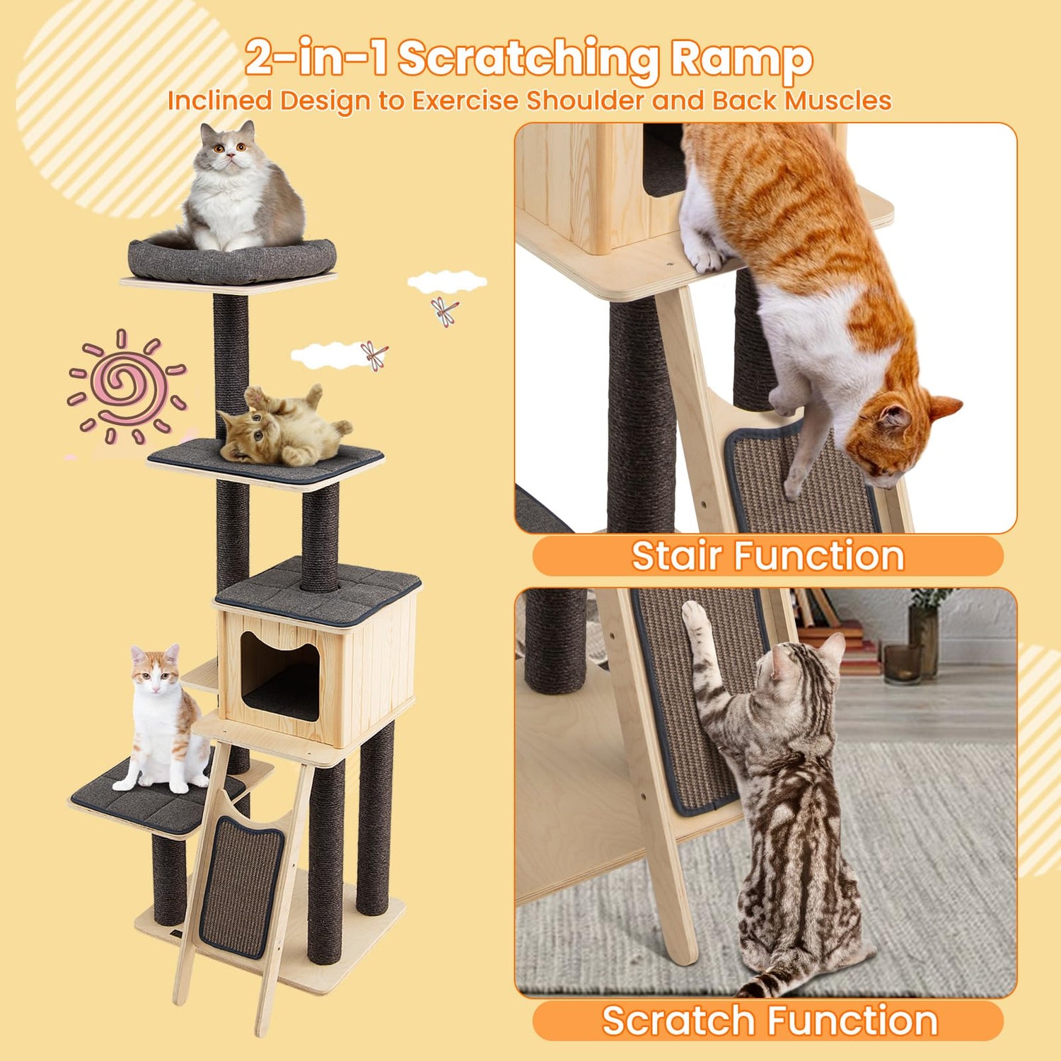 GYMAX Wooden Cat Tree Tall Indoor Plush Cat Tower ( 60 x 48 x 175 cm)