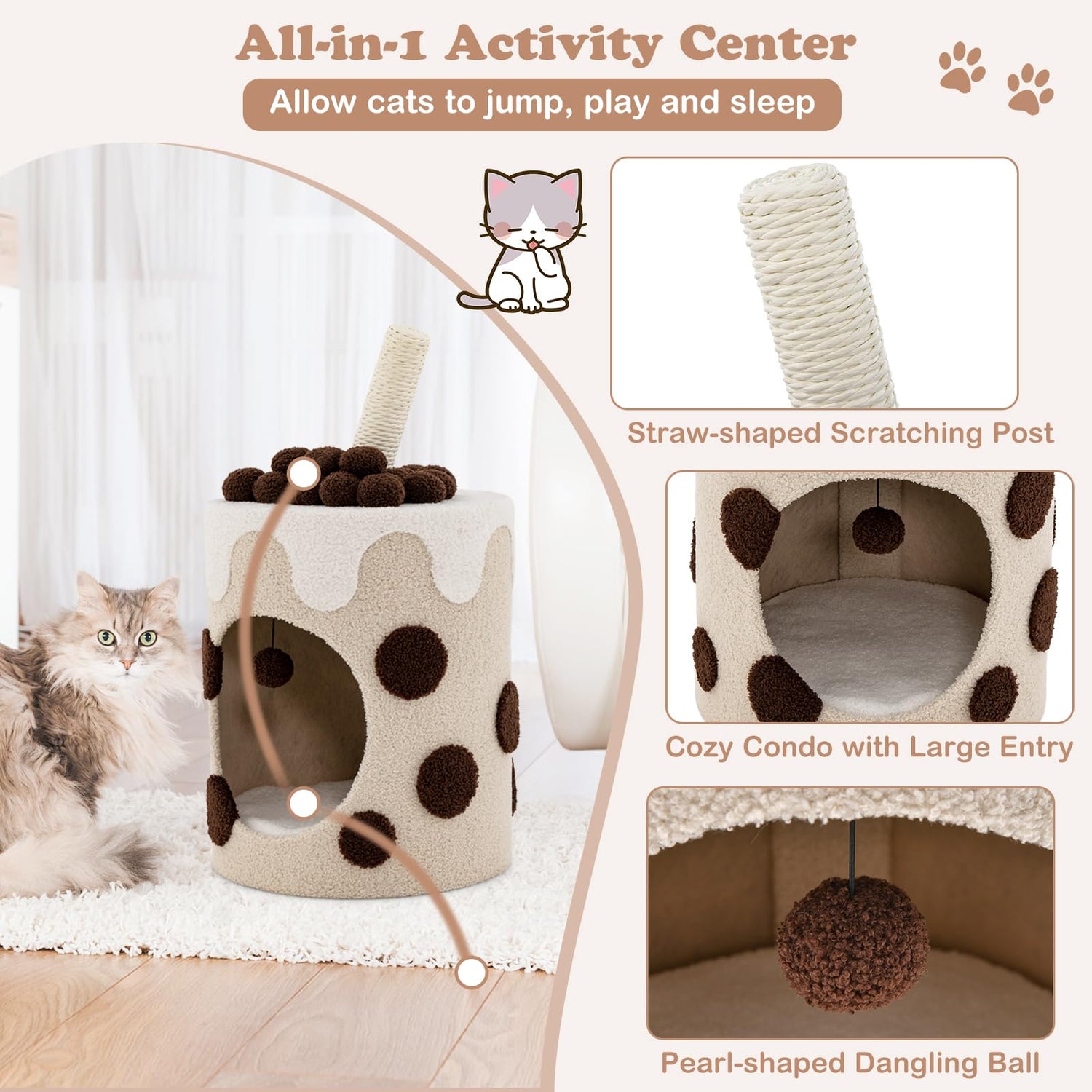 GYMAX 67cm Cat Tree, Boba Cute Cats Condo with Scratching Post, Dangling Ball and Soft Cushion