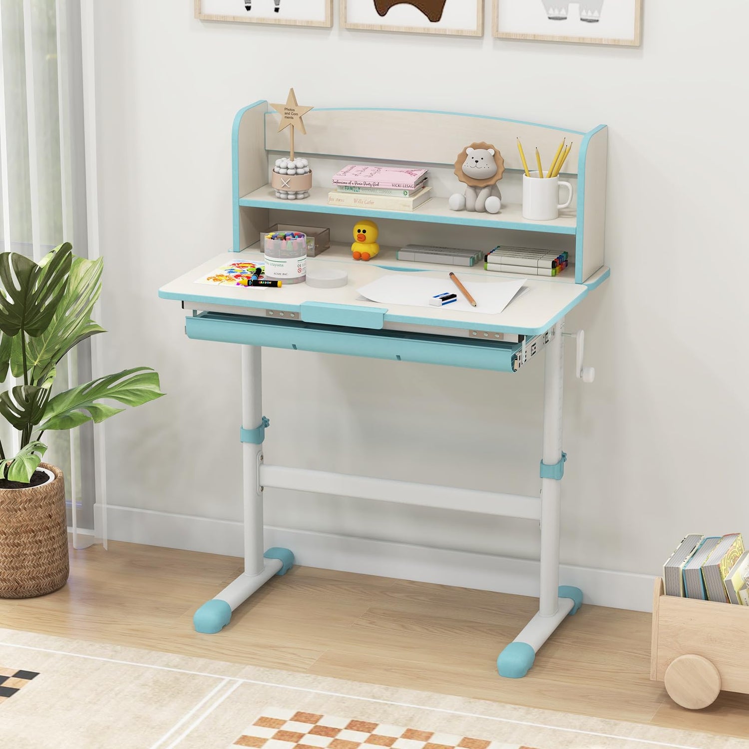 GYMAX Kids Desk, Height Adjustable Study Table with 7-Level Tiltable Desktop