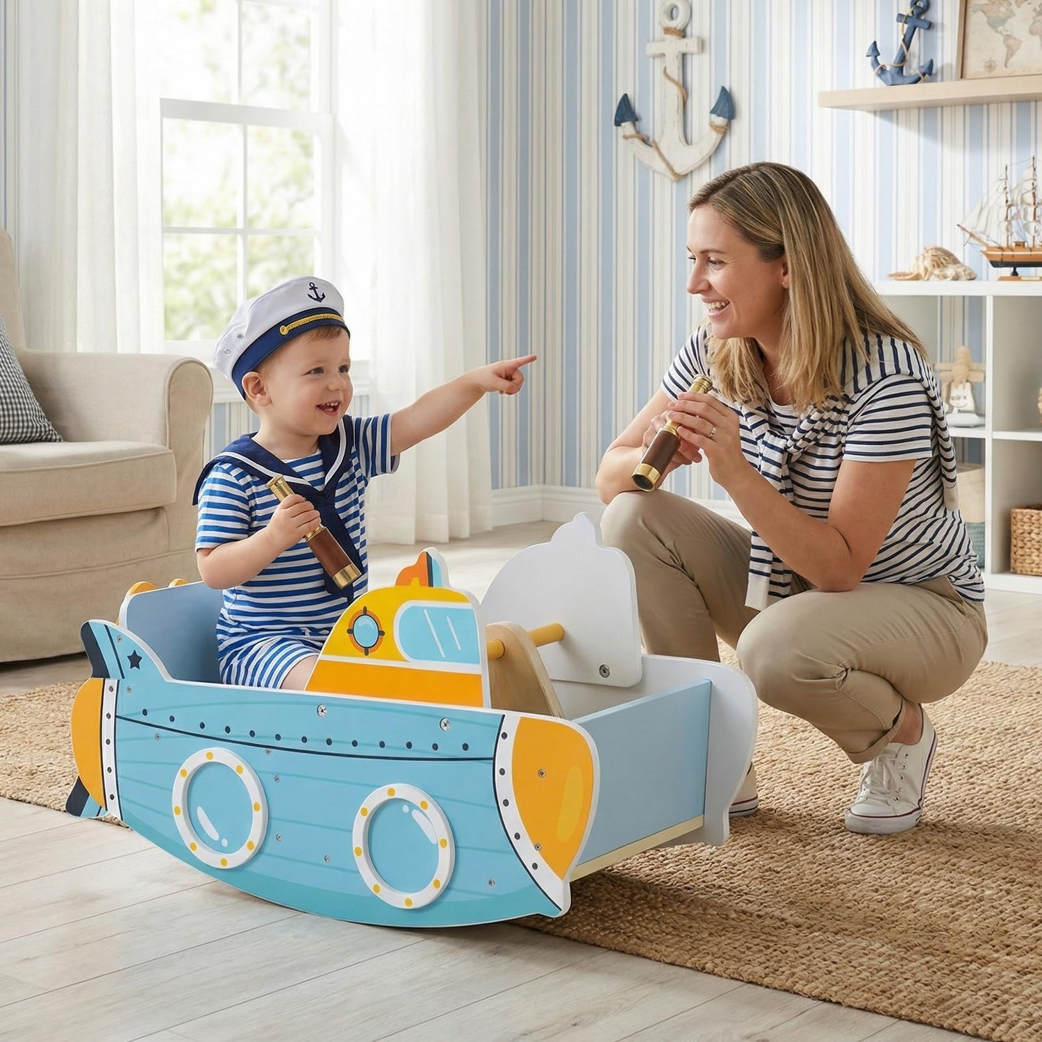 Kids Rocking Boat, Submarine-Themed Wooden Rocking Ship Toy with Rotating Propeller