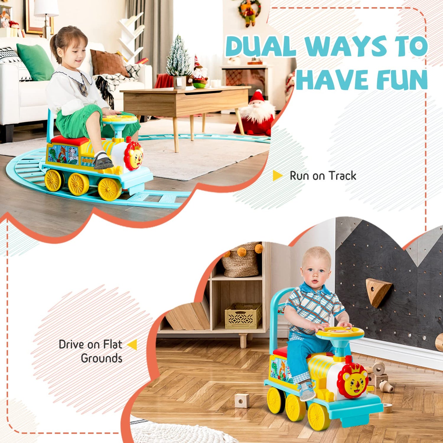 GYMAX Ride On Train with Tracks, 6V Kids Electric Car with Storage Seat, Music & Lights