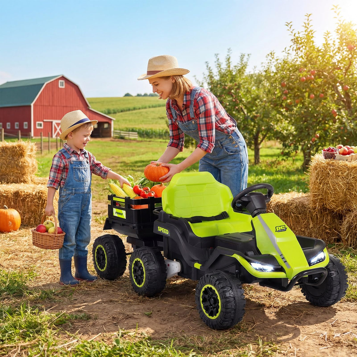 24V Ride on Tractor with Trailer, Kids Electric Car