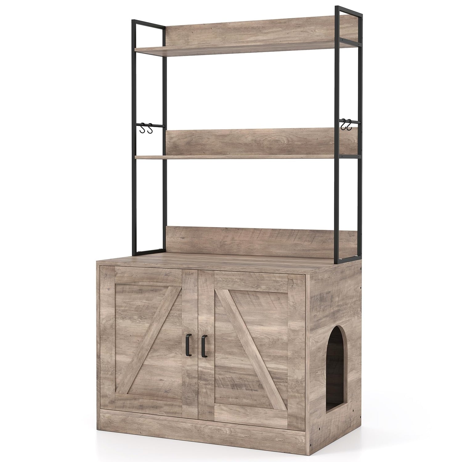 Modern Cat Litter Box Enclosure Cabinet with 3-Tier Shelves Metal Frame
