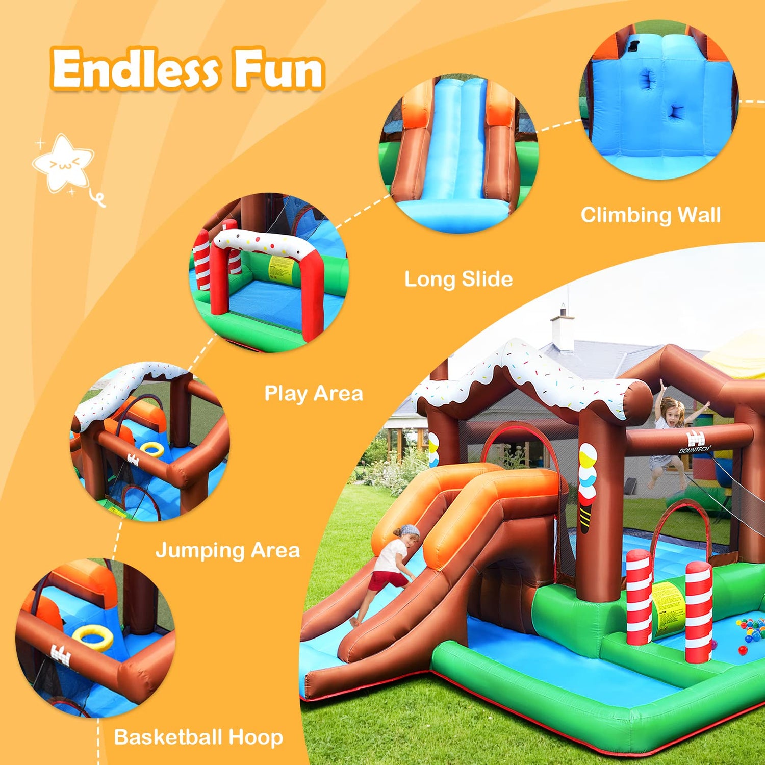 GYMAX Inflatable Jumping Castle with Climbing Wall & Basketball Hoop