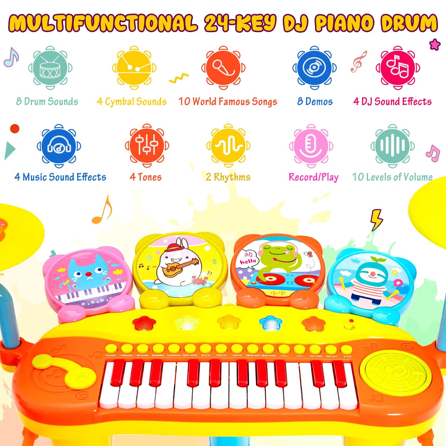 GYMAX Kids Piano and Drum Set, Children Electronic Keyboard Drum Kit with Microphone