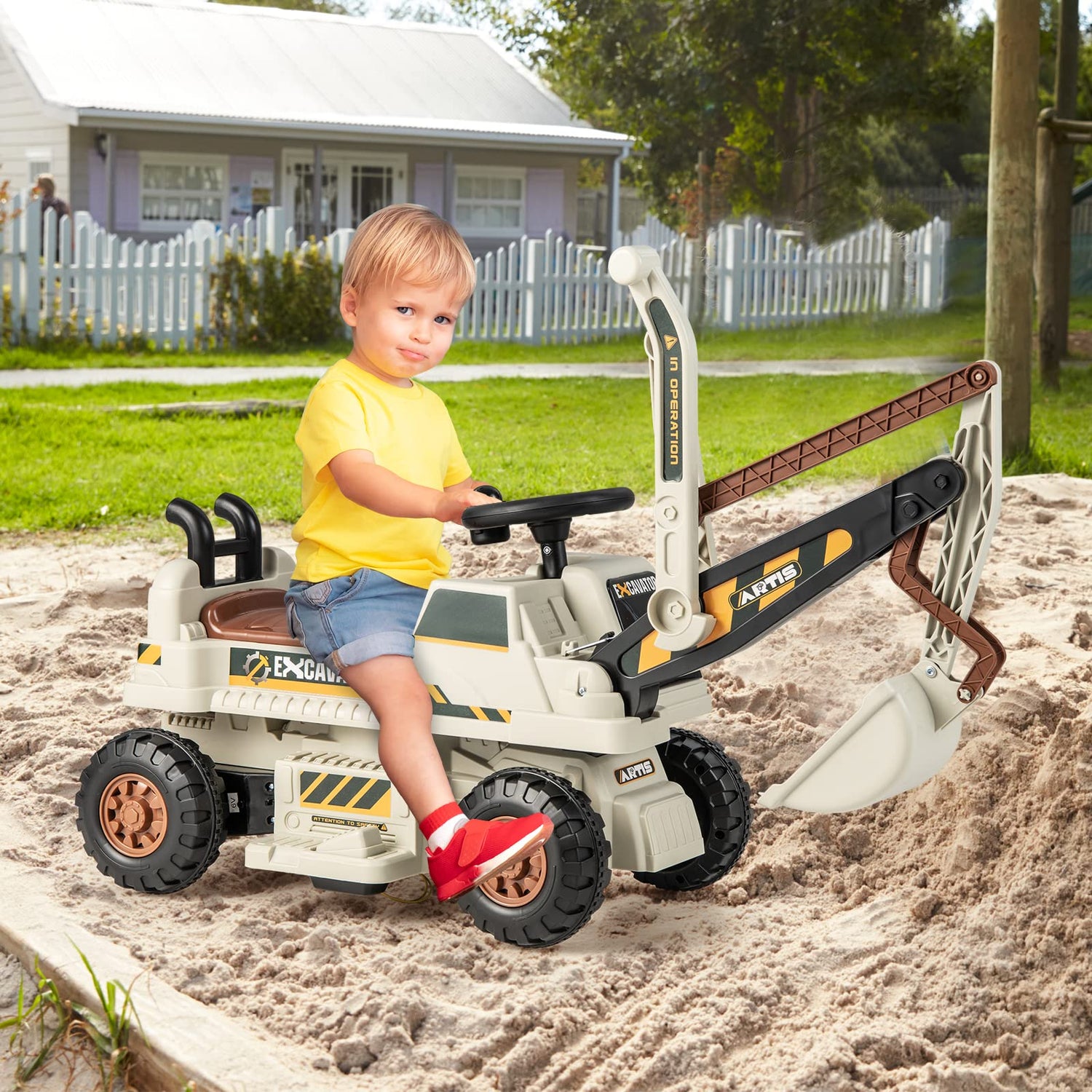 GYMAX Kids Electric Ride on Excavator, 6V Battery Powered Toy Car with Adjustable Arm & Shovel, Lights