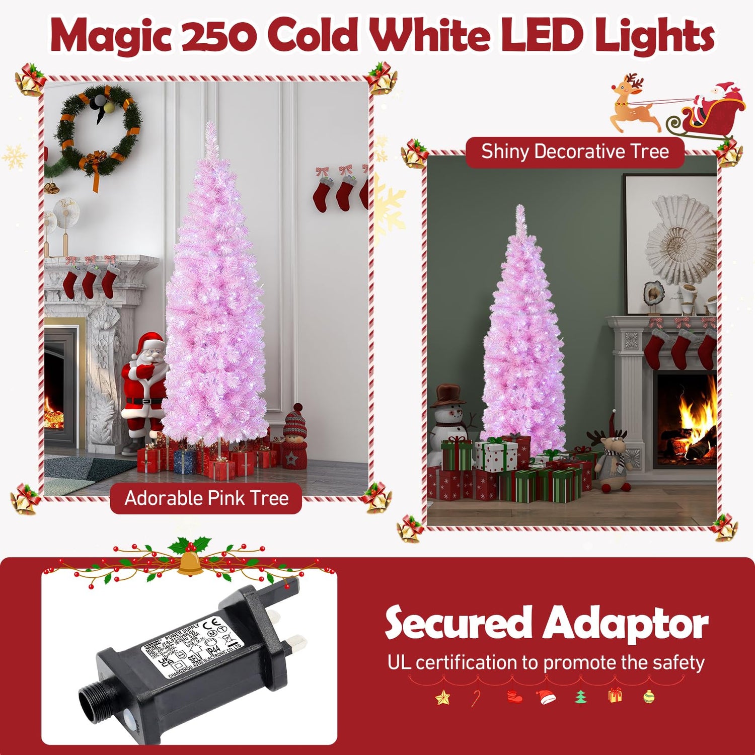 GYMAX 6FT Pre-Lit Hinged Christmas Tree, Slim Pencil Artificial Xmas Tree with LED Lights