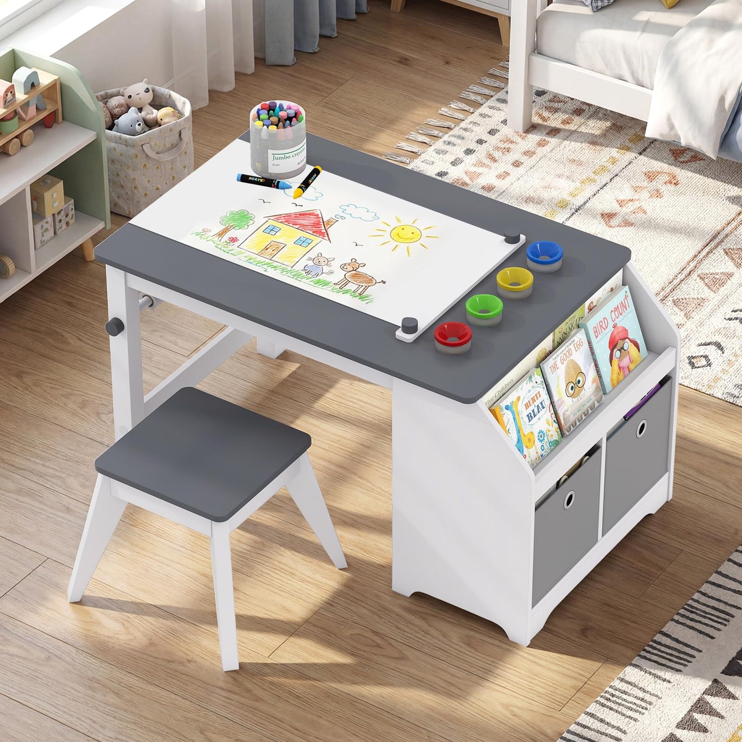 Children Activity Furniture with Storage Shelves, 2 Fabric Bins, Paper Roll