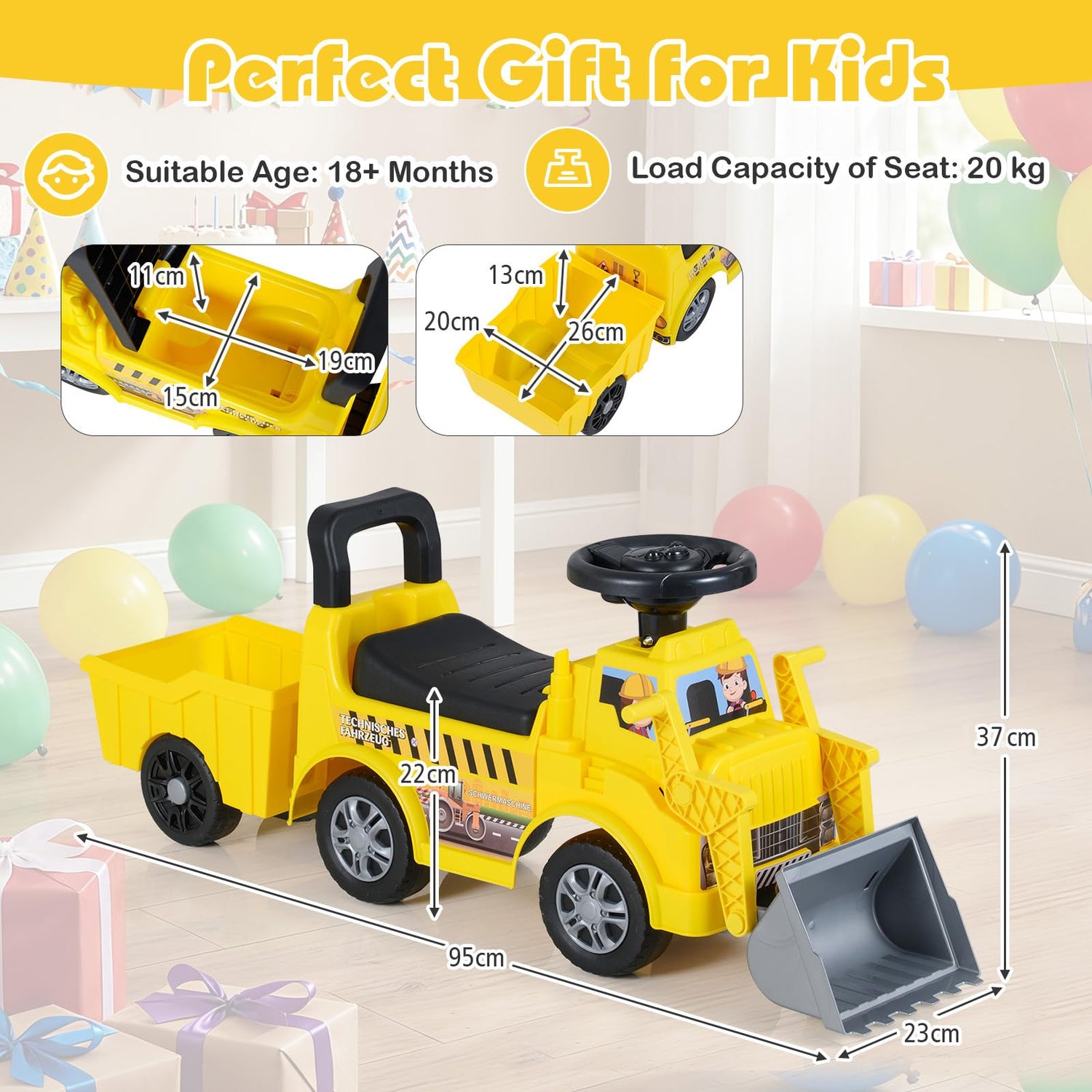 Kids Ride on Excavator, No Power Toddler Digger Ride on Push Car with Shovel
