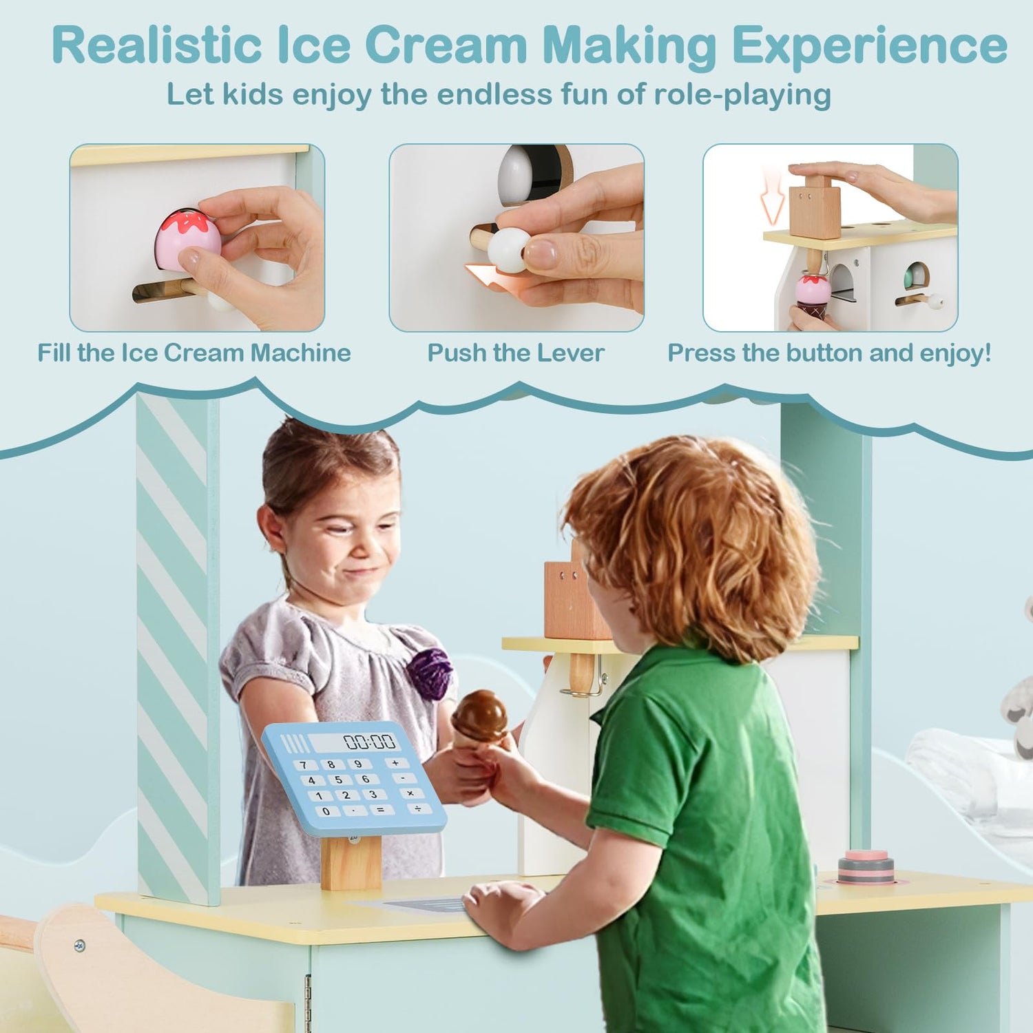 GYMAX Wooden Ice Cream Cart, Kids Grocery Store with 2 Wheels, Vending Machine, Display Stand & 15 Pcs Play Food