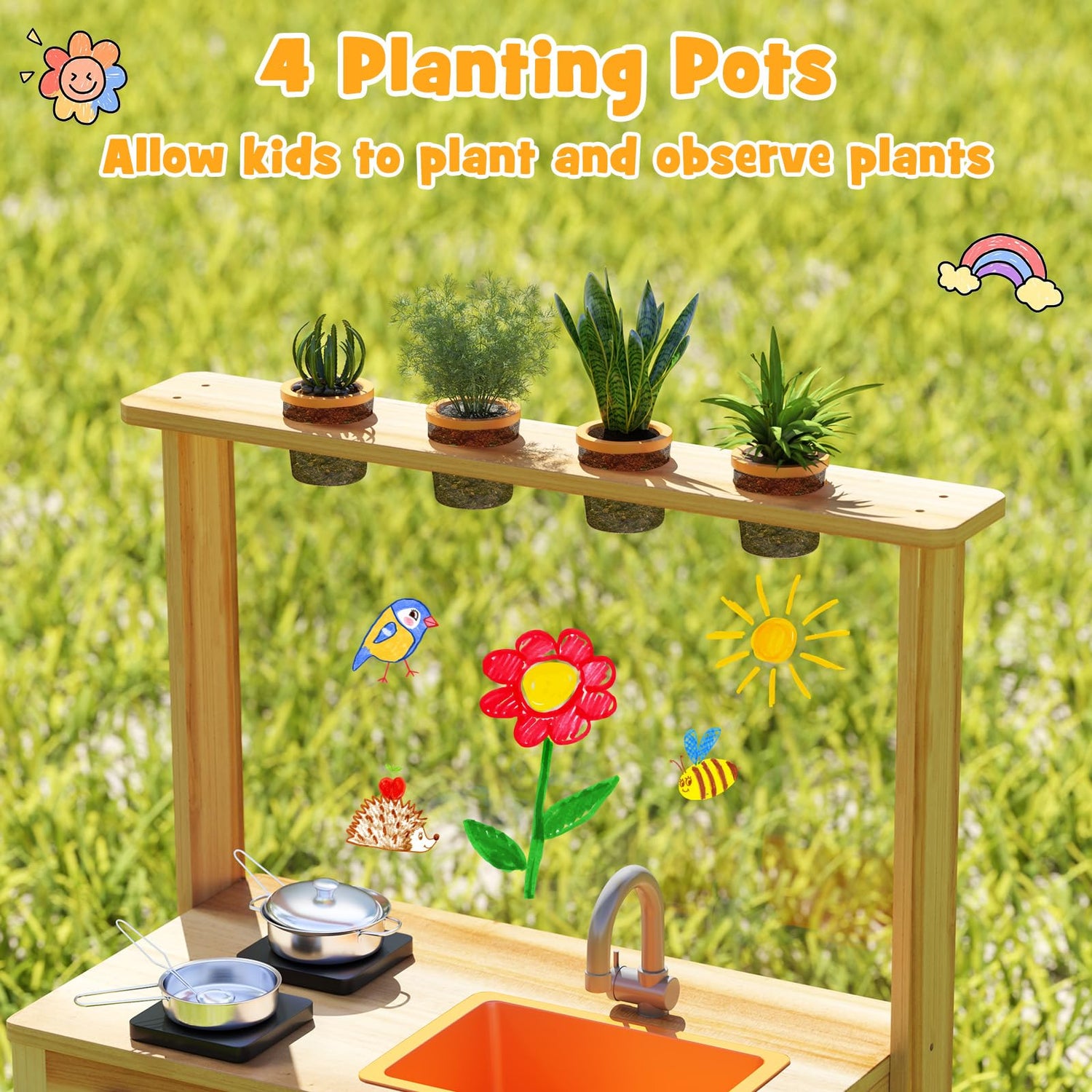 GYMAX Kids Mud Kitchen, Fir Wood Children Potting Bench Table with 4 Pots
