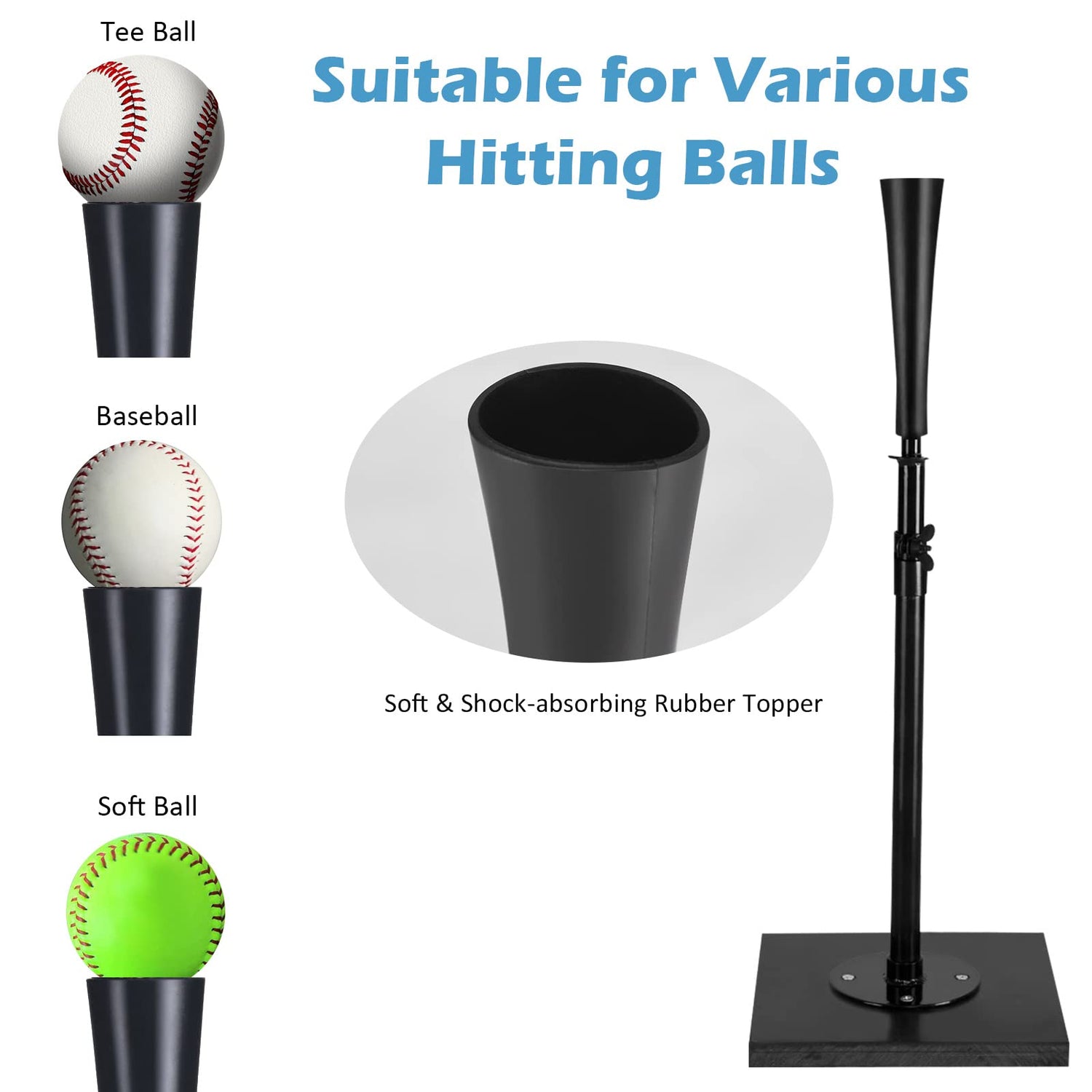 Height Adjustable Baseball Batting Tee with Soft Rubber Topper