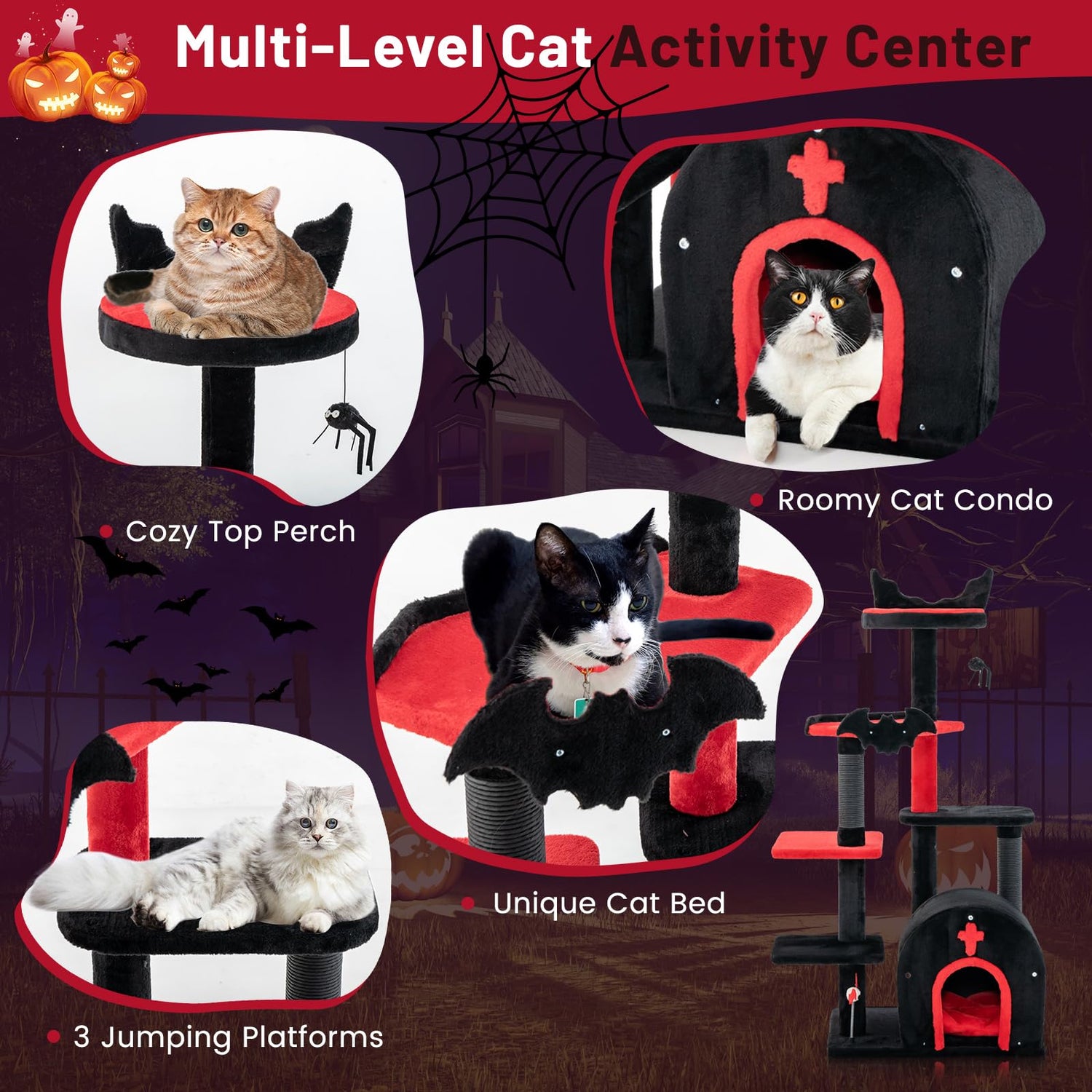 Gothic Cat Tree 134cm Tall Cat Tower with Cat Bed for Indoor Kitten and Adult Cat