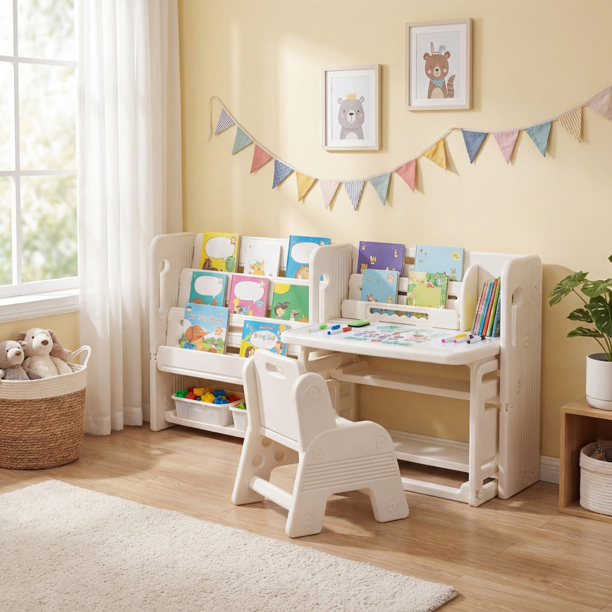 4 in 1 Kids Table & Chair with Side Bookshelf, Erasable Whiteboard