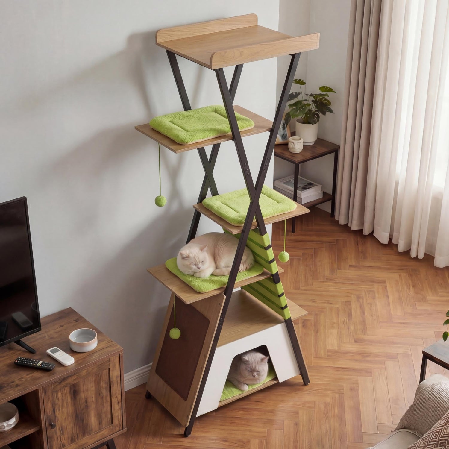 GYMAX Multi-level Cat Tree, 185CM Wooden Cat Tower with Elevated Perch