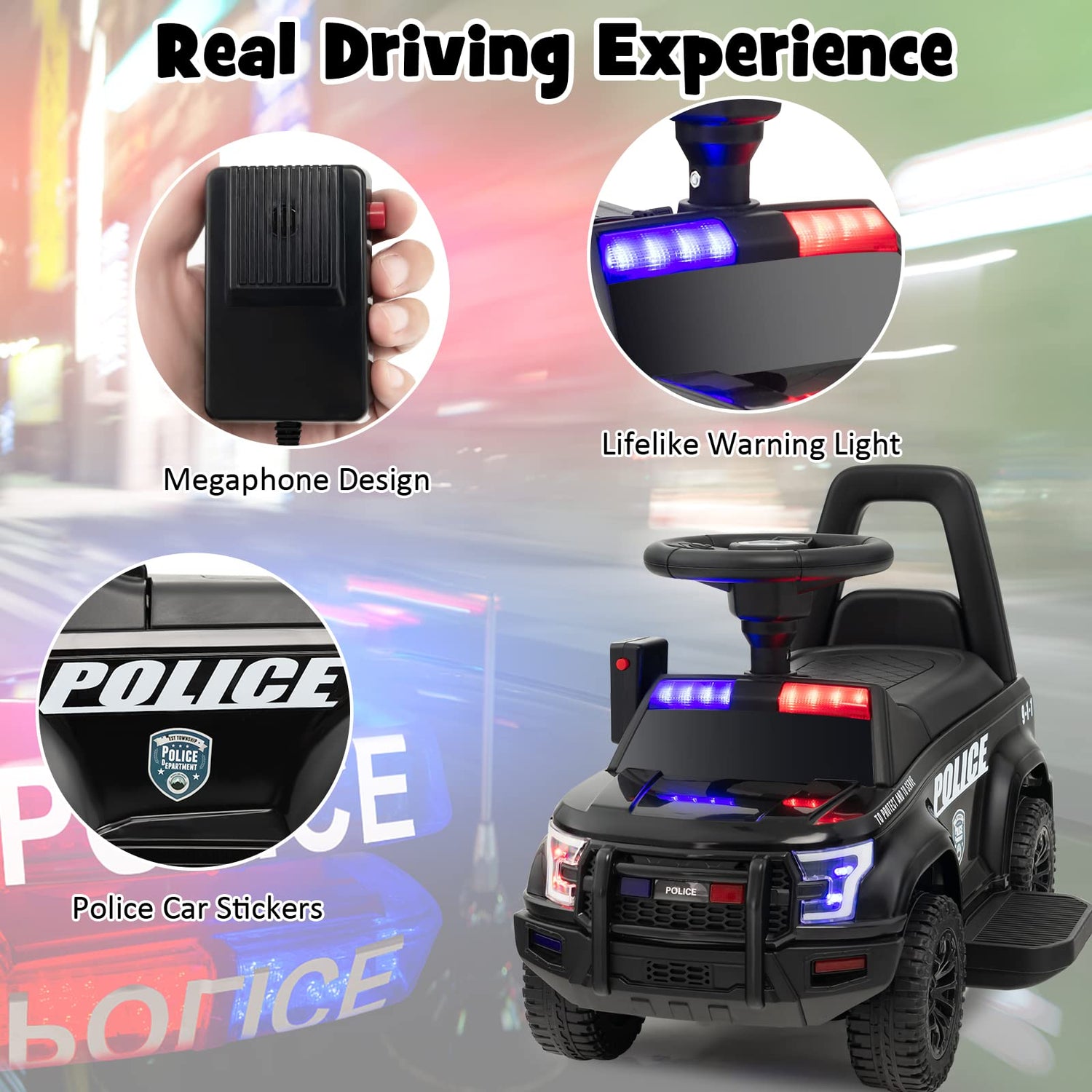 GYMAX Kids Ride on Police Car, 6V Battery Powered Toy Car with Side Megaphone