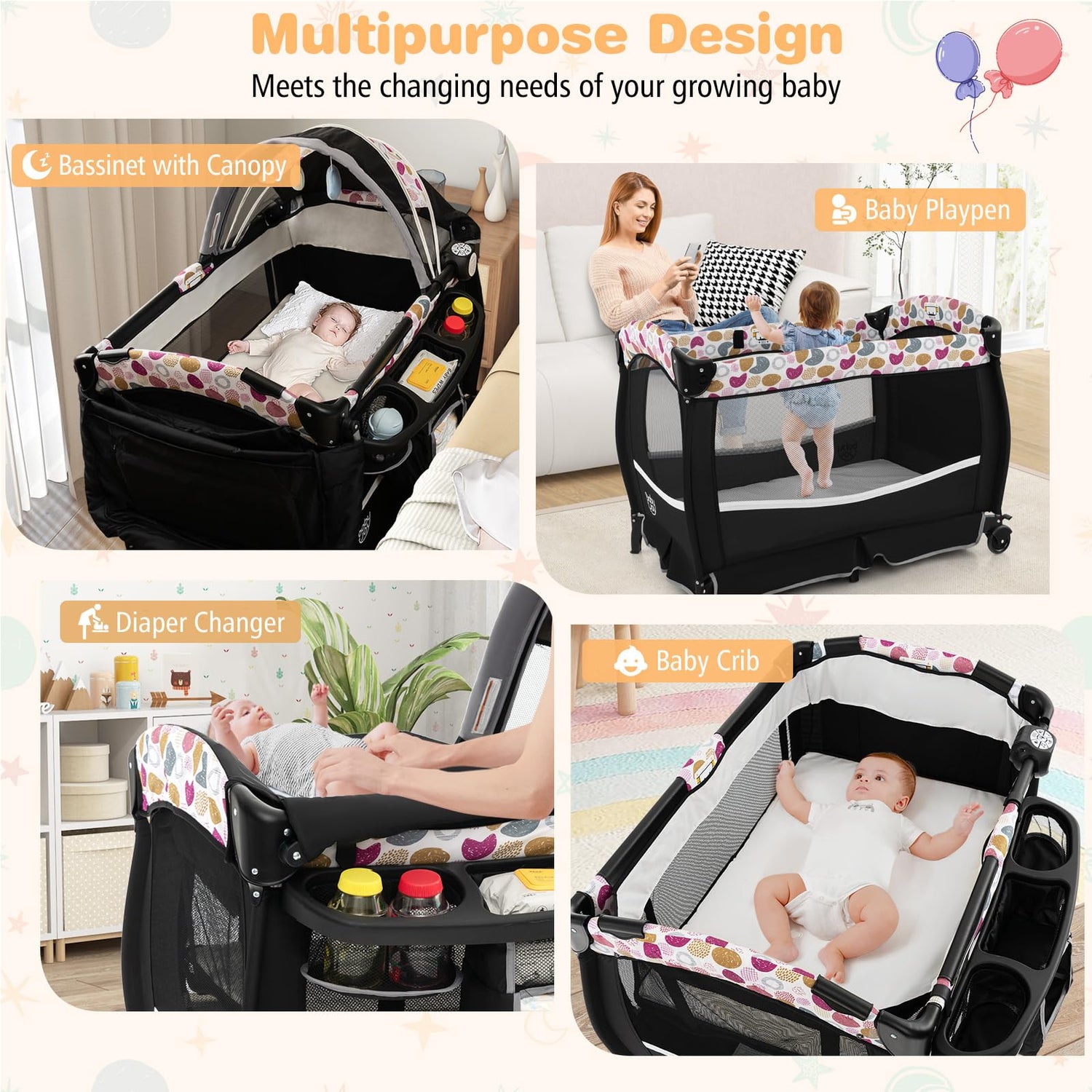 GYMAX 4 in 1 Folding Travel Cot, Portable Baby Bed Playard with Adjustable Canopy, Changing Table