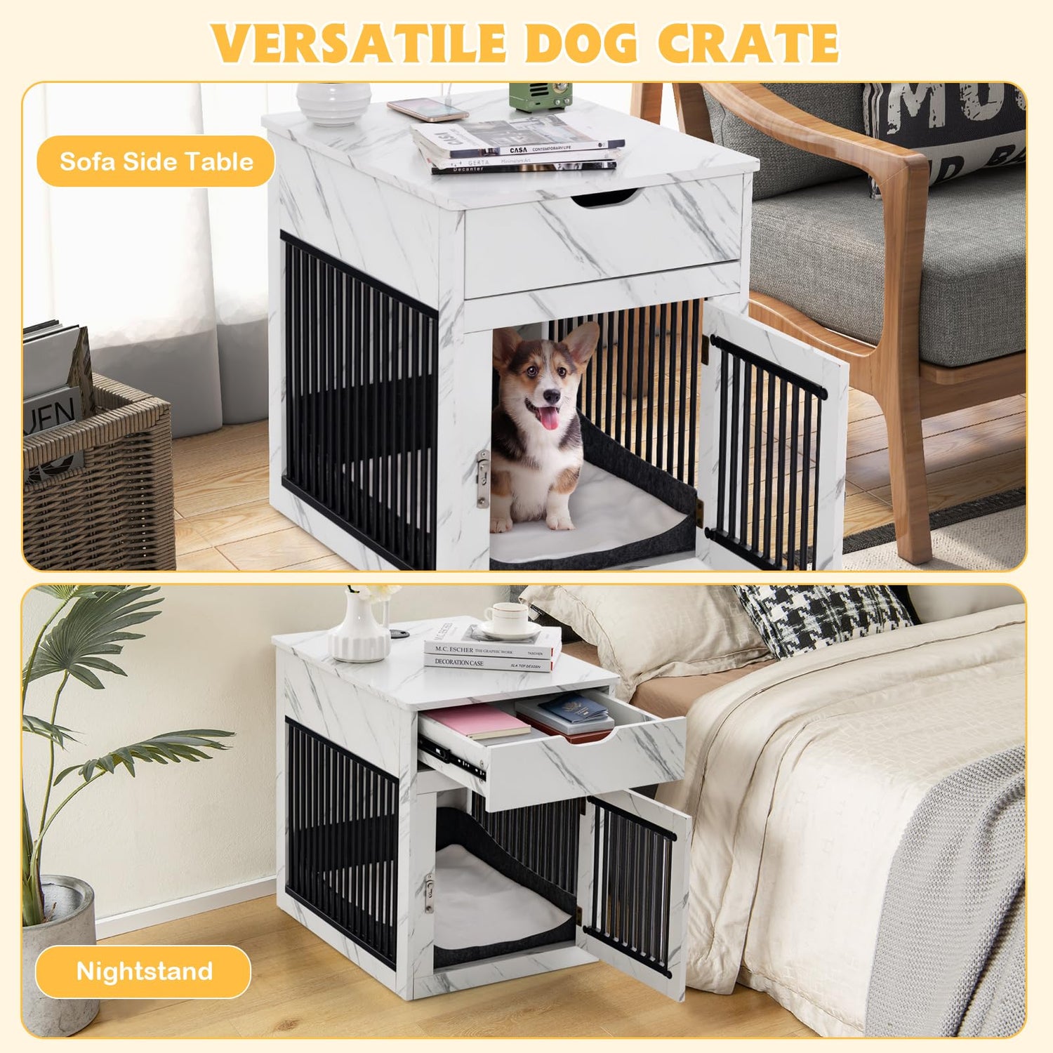 GYMAX Wooden Dog Crate, Furniture Style Puppy Cage Side End Table with Drawer and Removable Pad(64 x 50 x 63 cm)
