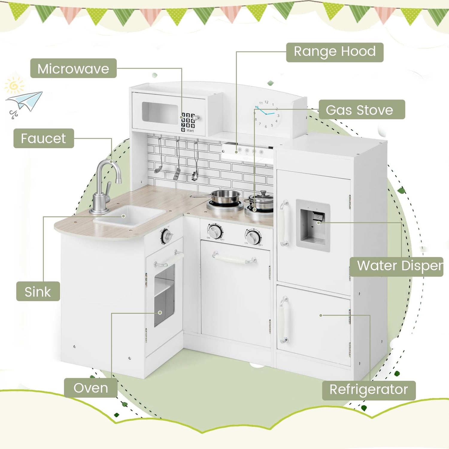 GYMAX Kids Corner Kitchen, Wooden Toy Kitchen with Sink(8 in 1)