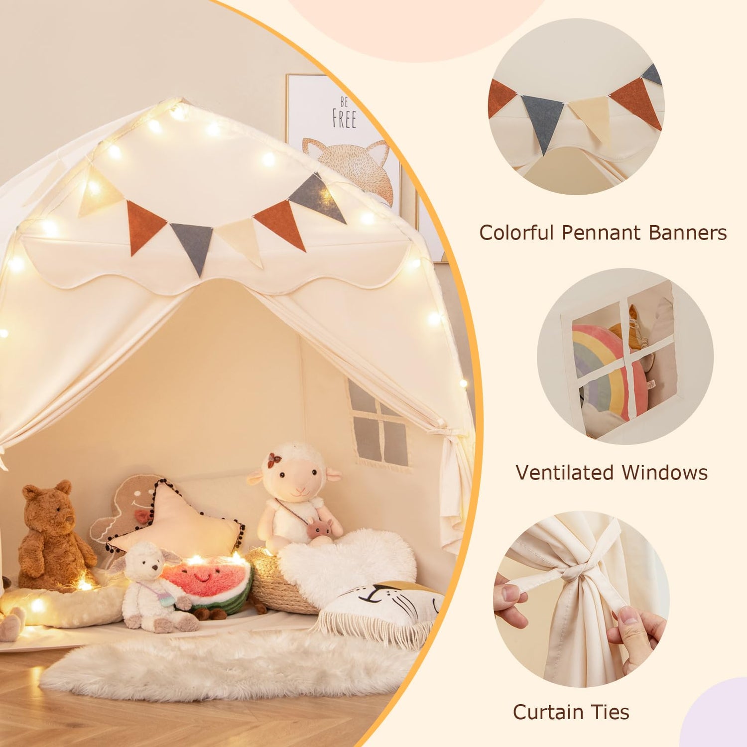 GYMAX Large Kids Tent, Toddler Play Tent with Flags and Globe String Lights