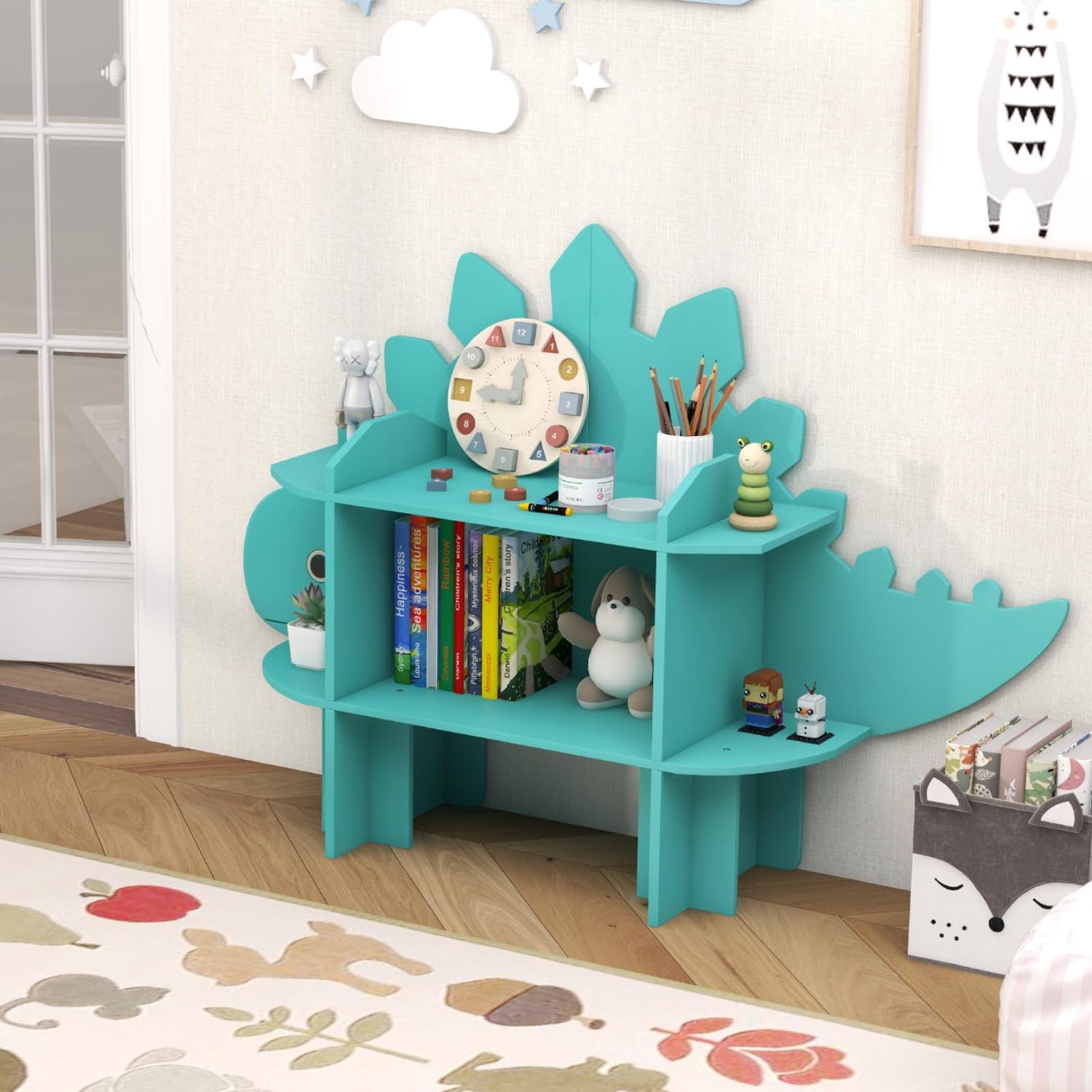 GYMAX Kids Storage Shelf, Wooden Children Bookshelf with Anti-Tipping Device