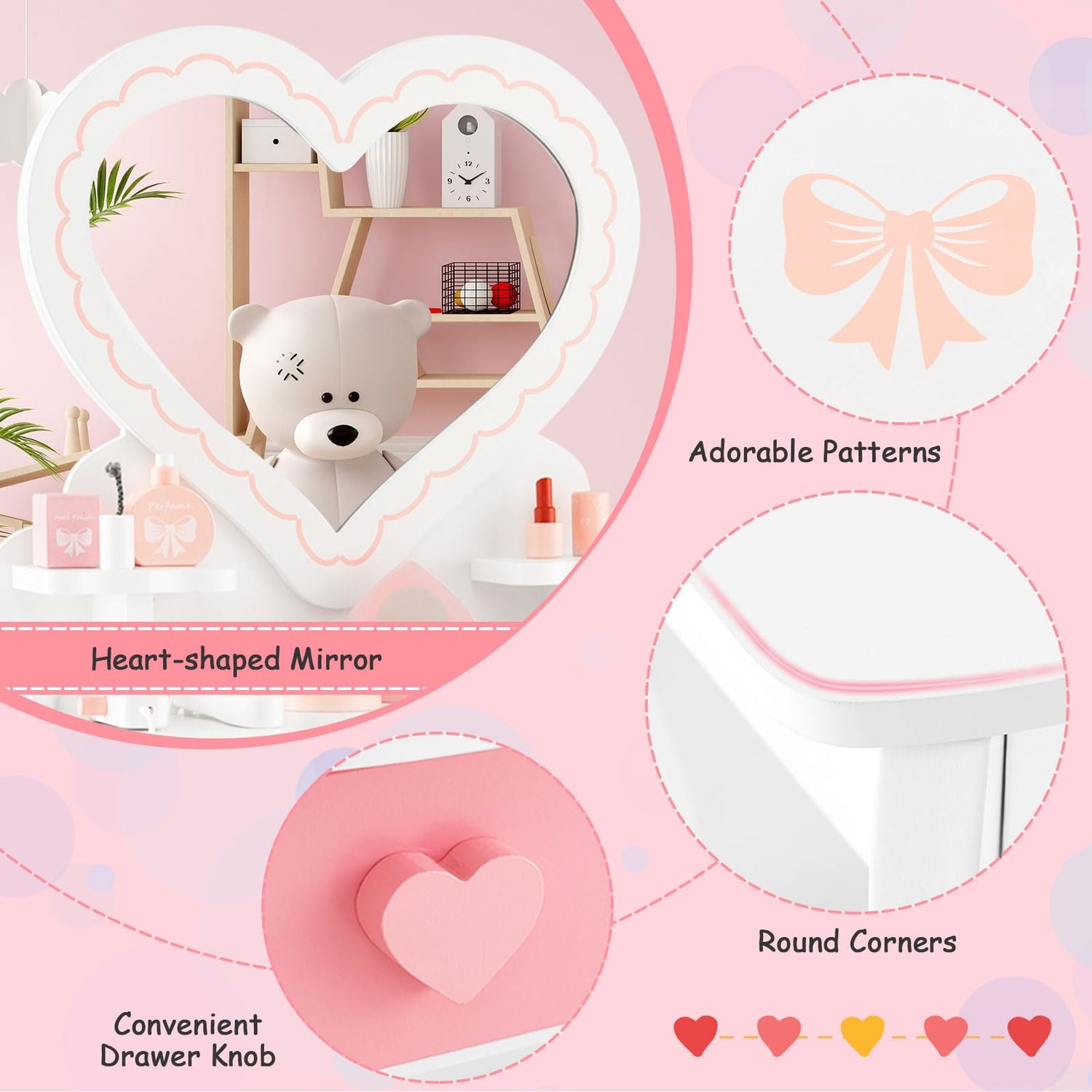 GYMAX Kids Dressing Table and Stool Set, Wooden Children Vanity Table with Drawer, Removable Mirror (Heart Shape Mirror)