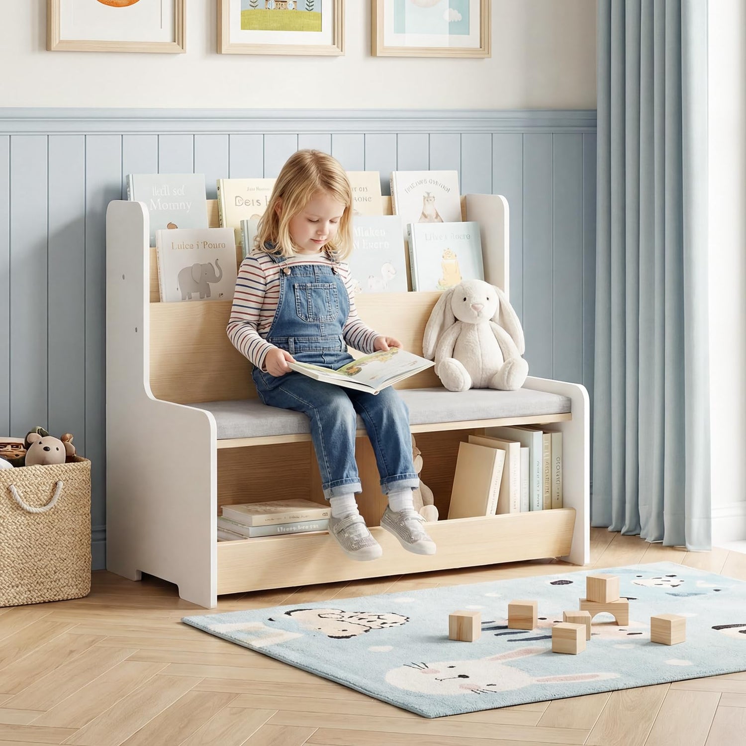 Kids Toy Storage Unit with Bench, Wooden Children Bookcase with 2 Cubbies