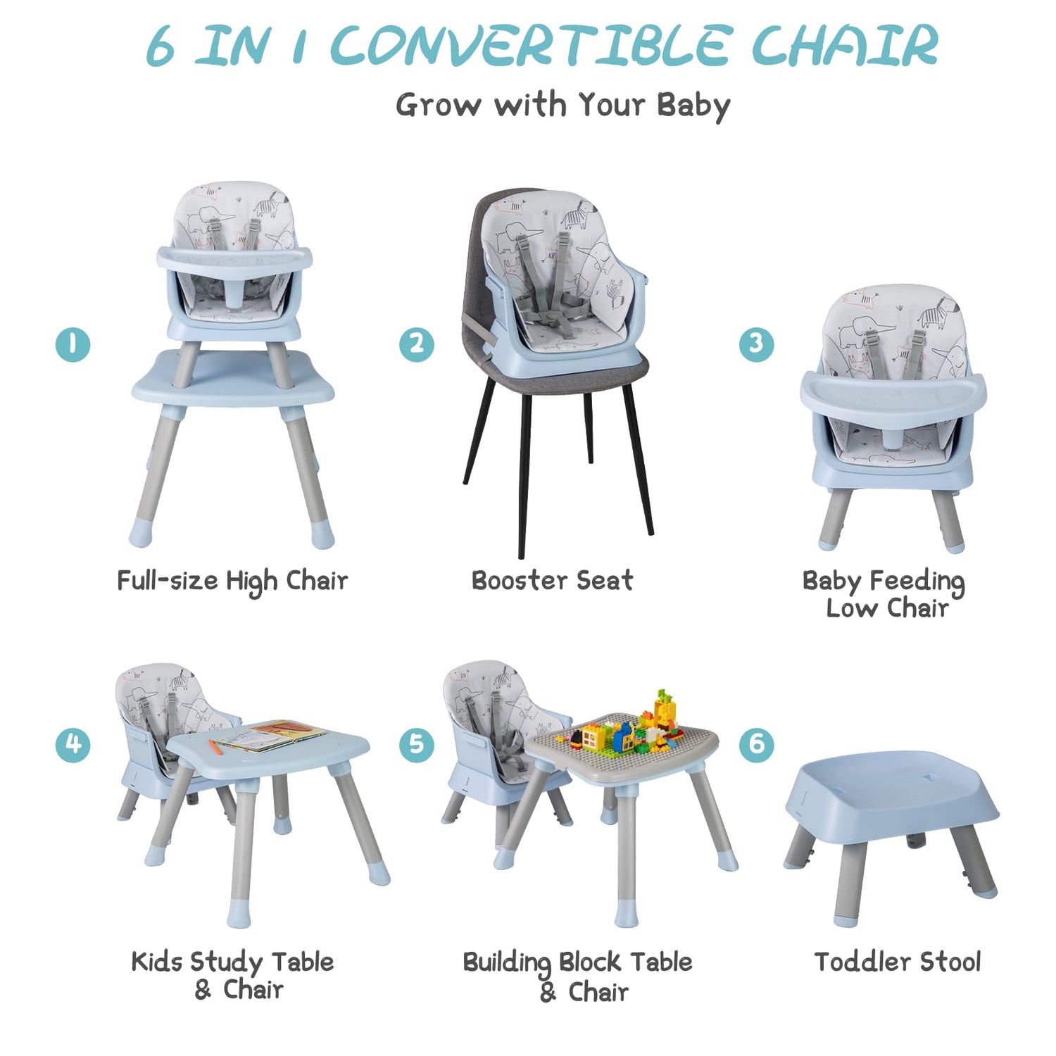 GYMAX 6 in 1 High Chairs, Convertible Baby Dining Highchair(58 x 58 x 98 cm)