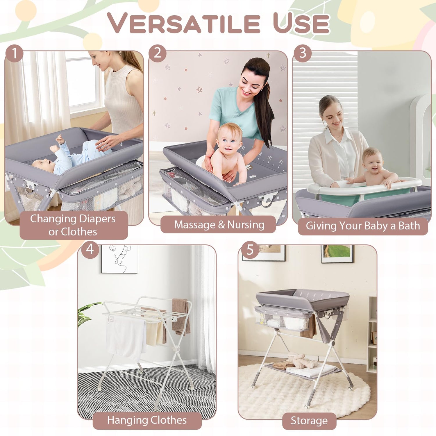 GYMAX Folding Baby Changing Table, Hight Adjustable Infant Bath Massage Dresser Diaper Organizer with Storage Basket
