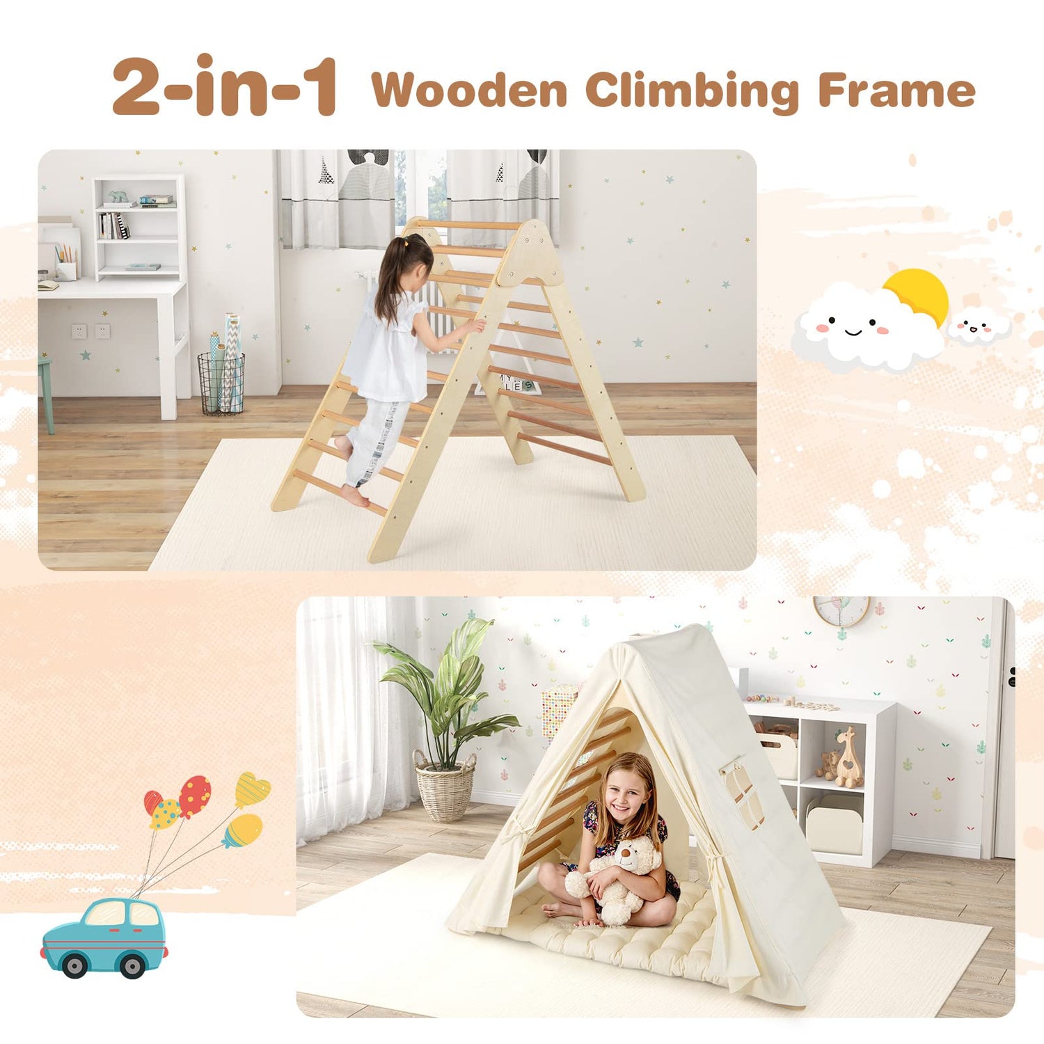 GYMAX Kids Climbing Set, 2 in 1 Wooden Play Tent
