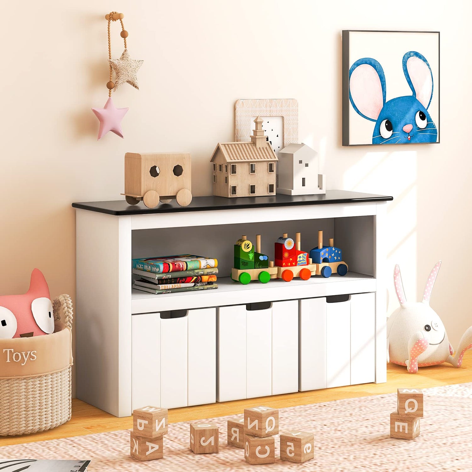 GYMAX Kids Storage Cabinet, Children Bookcase with Drawers & Large Open Shelf