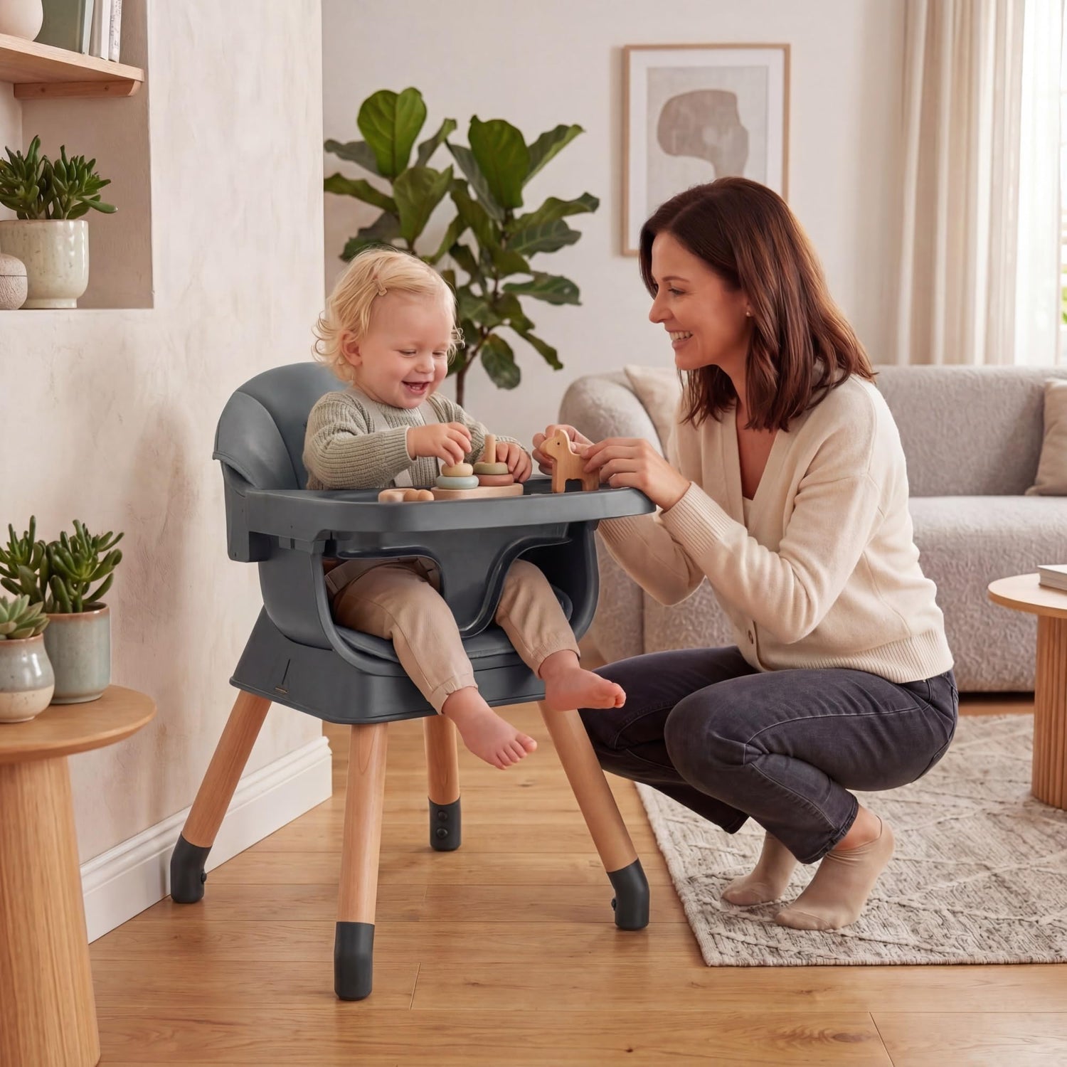 GYMAX 9 in 1 Convertible High Chairs for Toddlers, Infant Highchairs with Solid Wood Legs