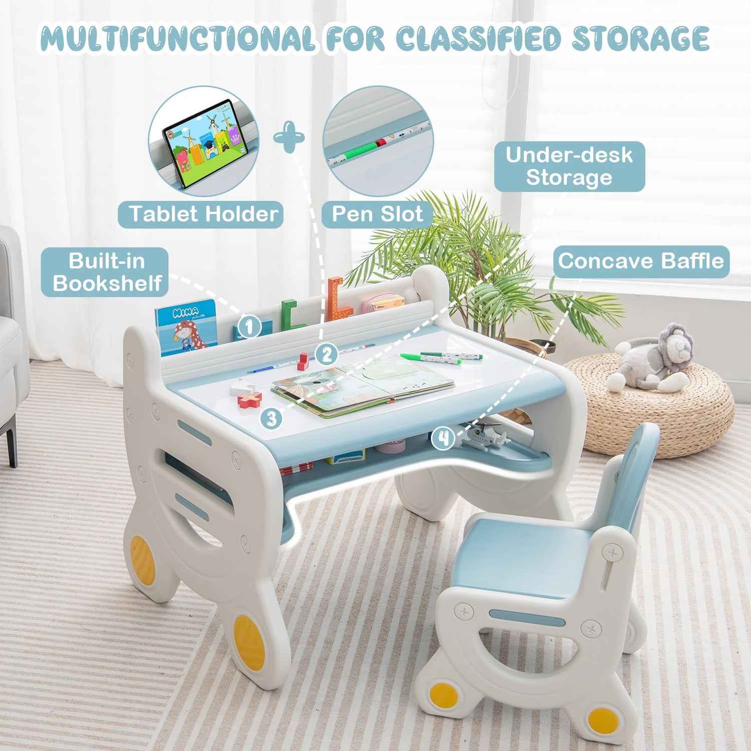GYMAX Kids Table and Chair Set, Plastic Children Activity Table with Watercolor Pens