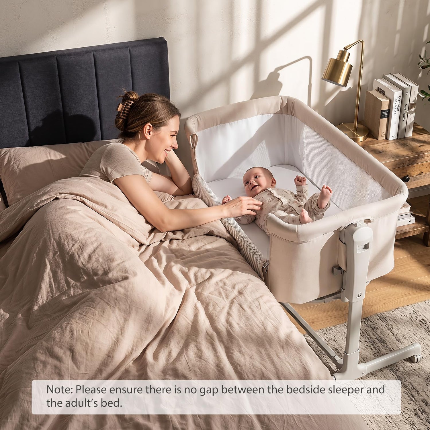 Bedside Crib with 4 Castors, Extendable Legs, Removable Mattress