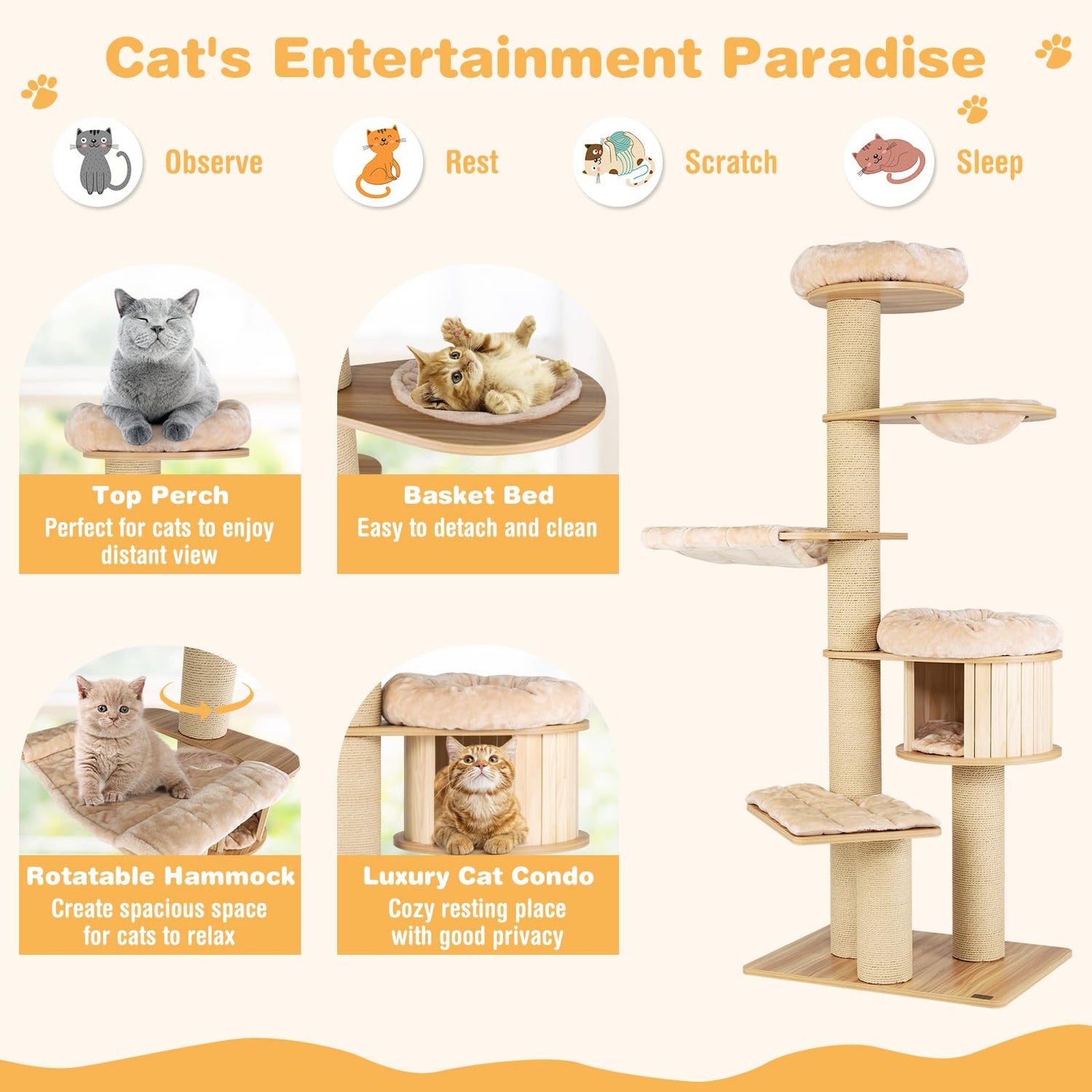 GYMAX Modern Cat Tree, 193cm Tall Cat Tower with Top Perch, Wooden Cat Condo, Scratching Posts