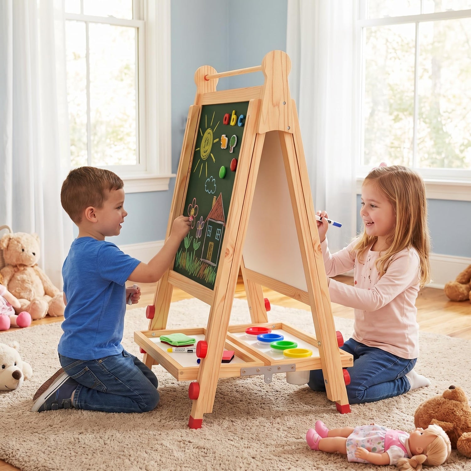 3-in-1 Kids Art Easel, Double-Sided Folding Wooden Easel