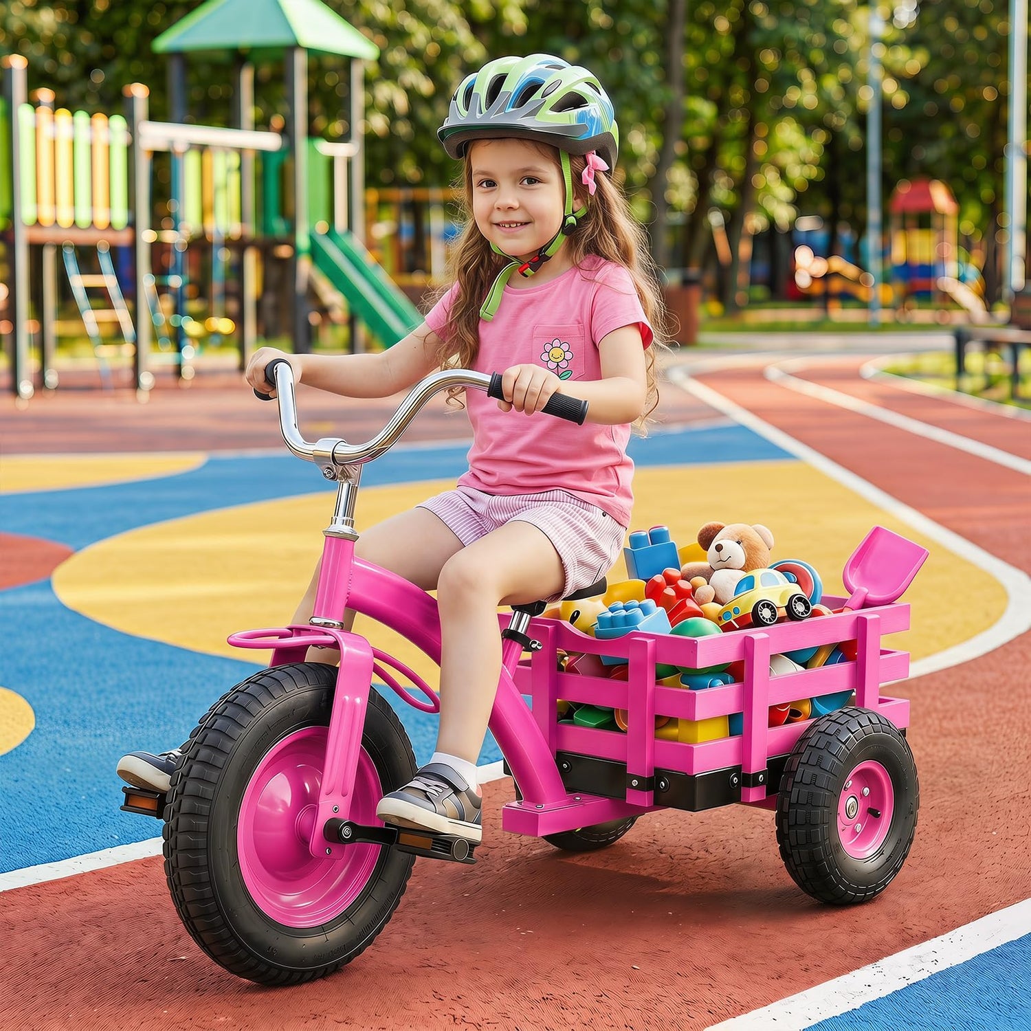 Kids Tricycle, Carbon Steel Toddler Trike with Inflatable Rubber Tires, Adjustable Handlebar & Seat