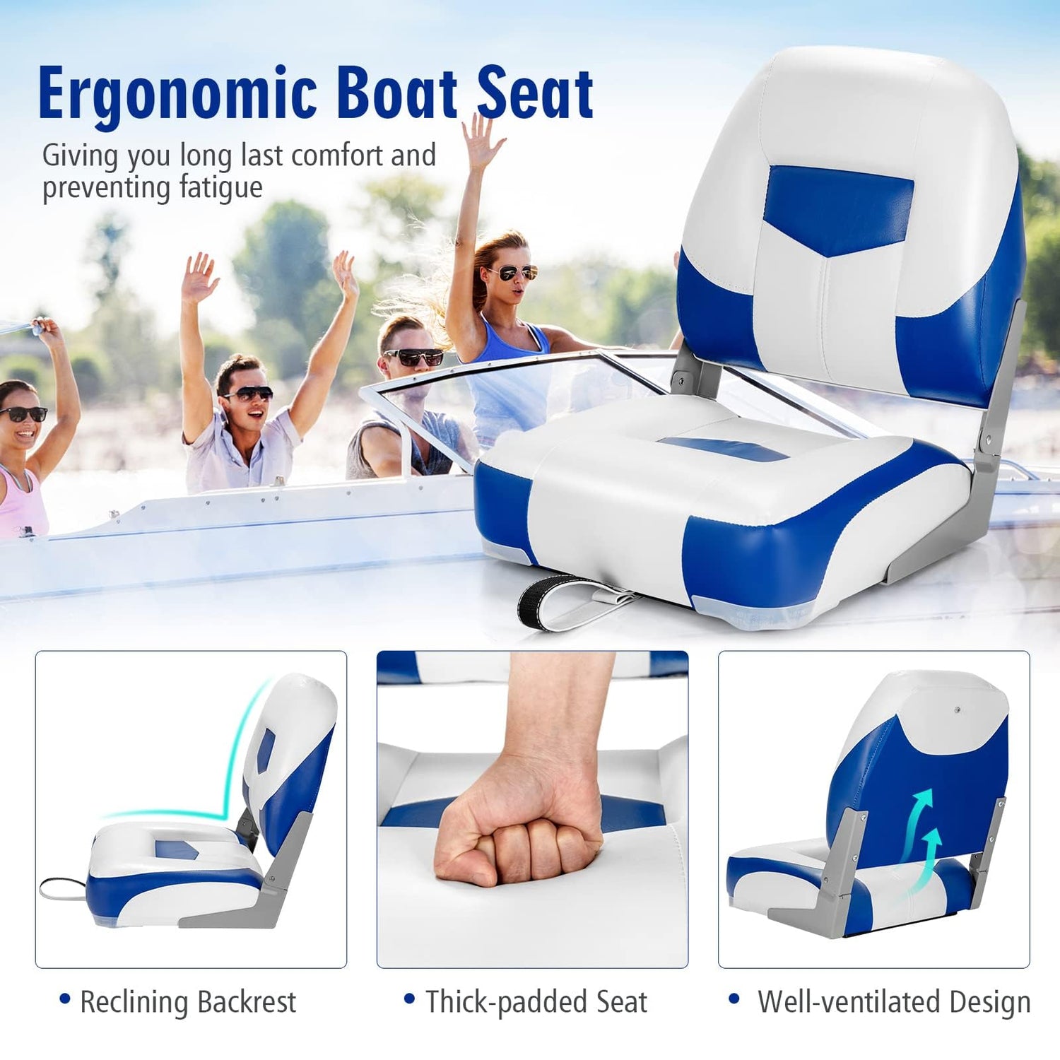 GYMAX Set of 2 Deluxe Folding Boat Seats, Faux Leather Low Back Captain Chairs with Metal Hinges & Fixing Strap