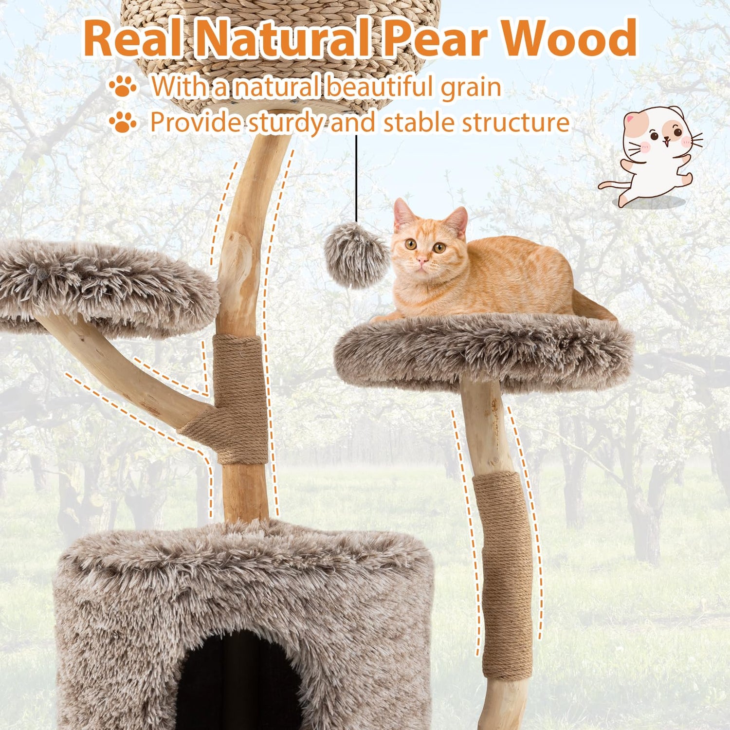 Multi-level Wood Cat Tree Tower Kitten Activity Center with Solid Trunk