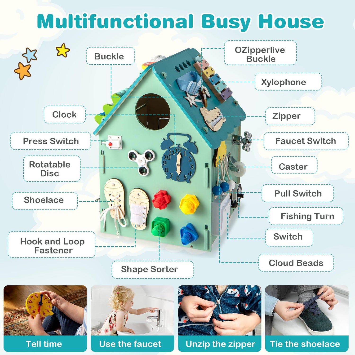 GYMAX Kids Busy House, Wooden Busy Board House with Interior Storage Space, Educational Toddler Montessori Toy House for 3 Years Old + Boys Girls