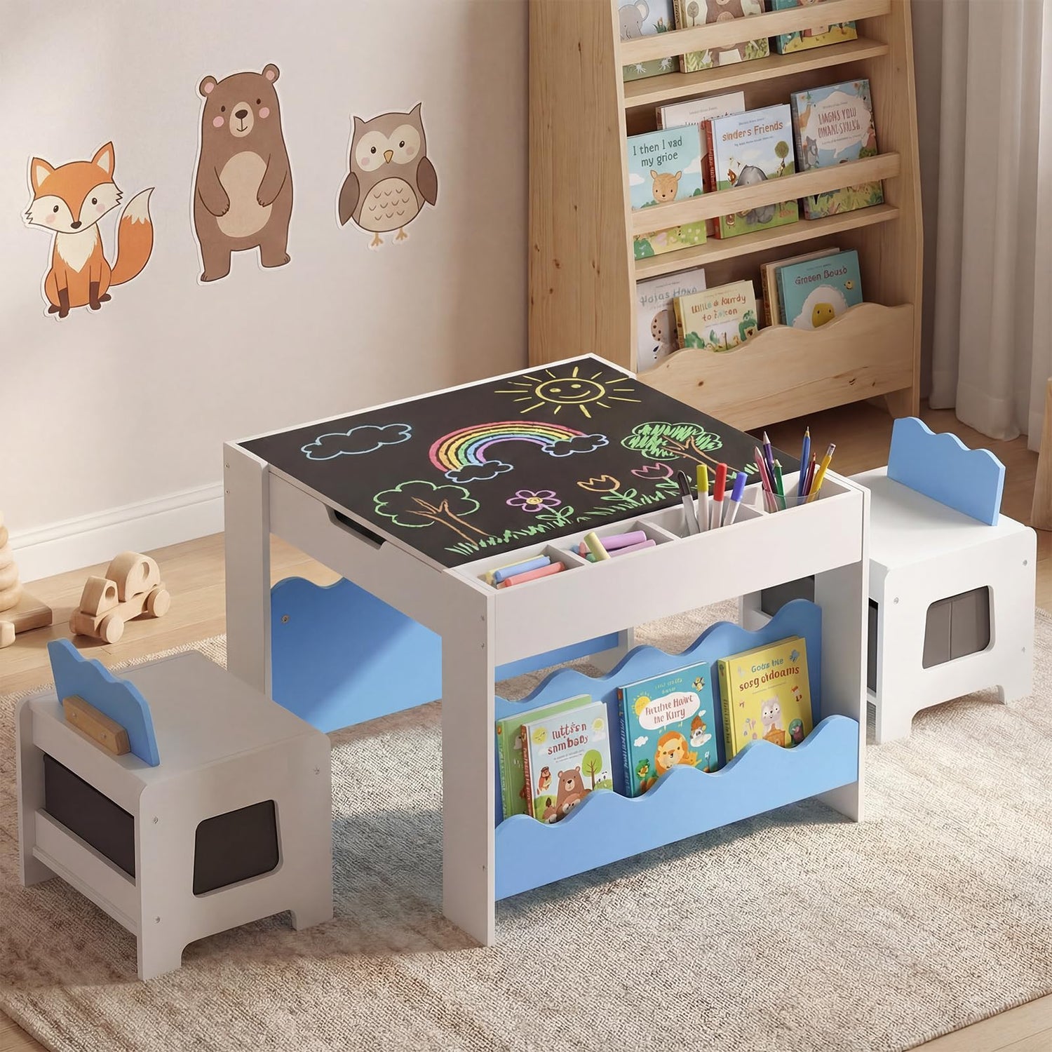 Kids Table and Chairs, Multifunctional Activity Desk Set with Double-sided Tabletop