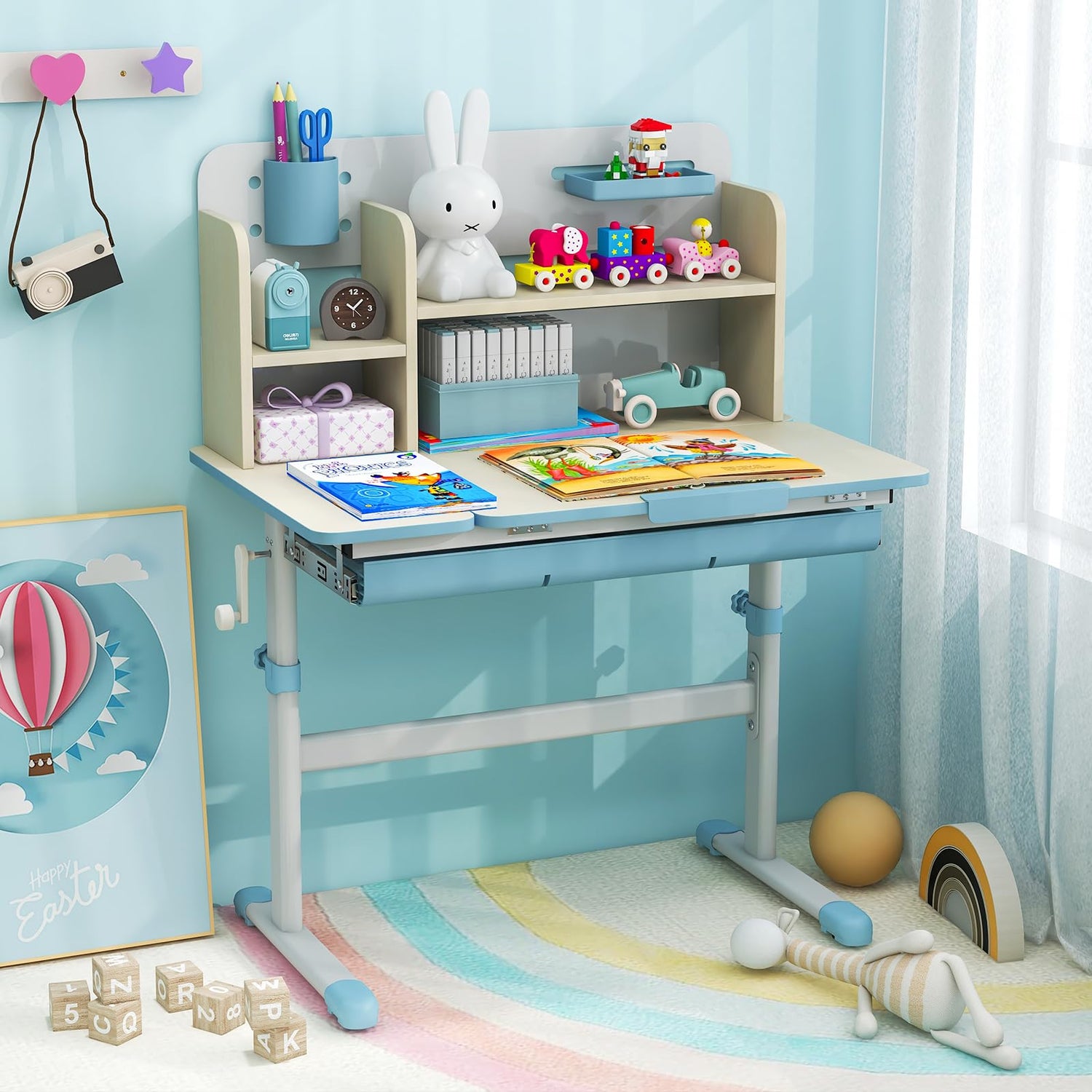 GYMAX Kids Desk, Height Adjustable Writing Table with Tiltable Desktop, Storage Shelf
