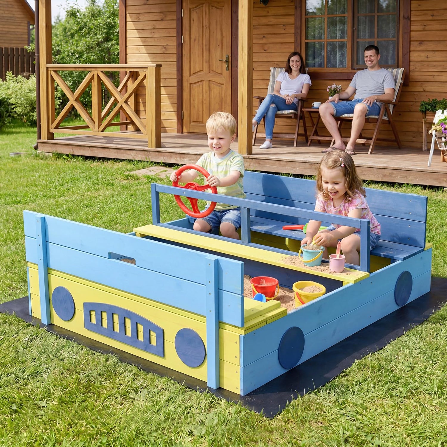 Kids Sandbox, 118 x 100cm Wooden Sand Pit with Bench Seats, Folding Lid, Sandpit Liner