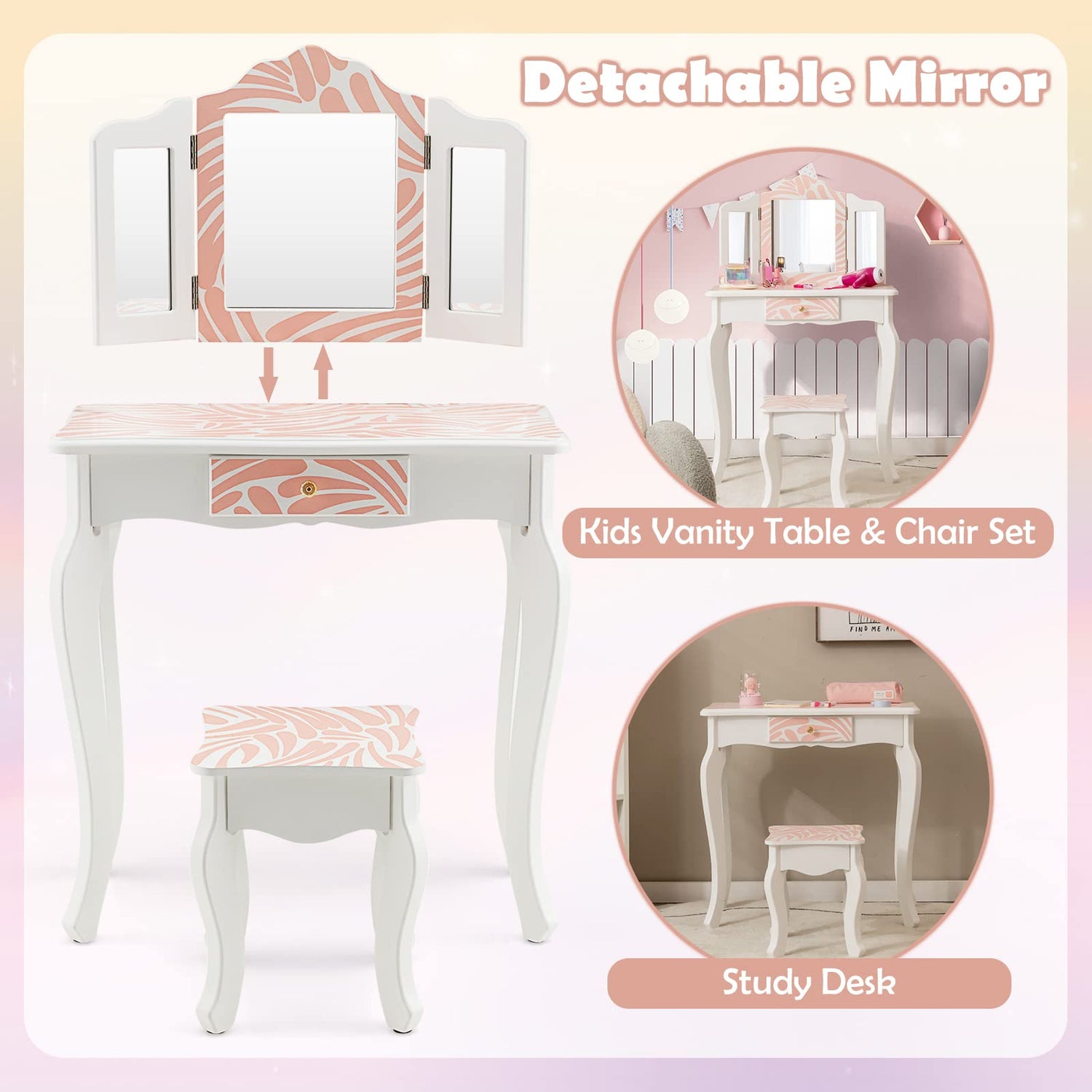 GYMAX Kids Vanity Table and Stool Set