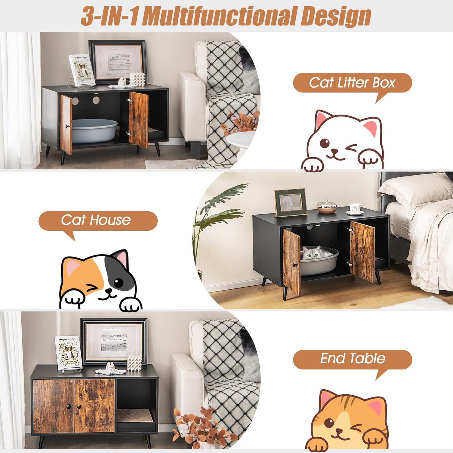 GYMAX Cat Litter Box Enclosure, Hidden Kitty Washroom Storage Cabinet Nightstand Side Table with 2 Doors & Divider(Rustic Brown, 90x50x54cm)