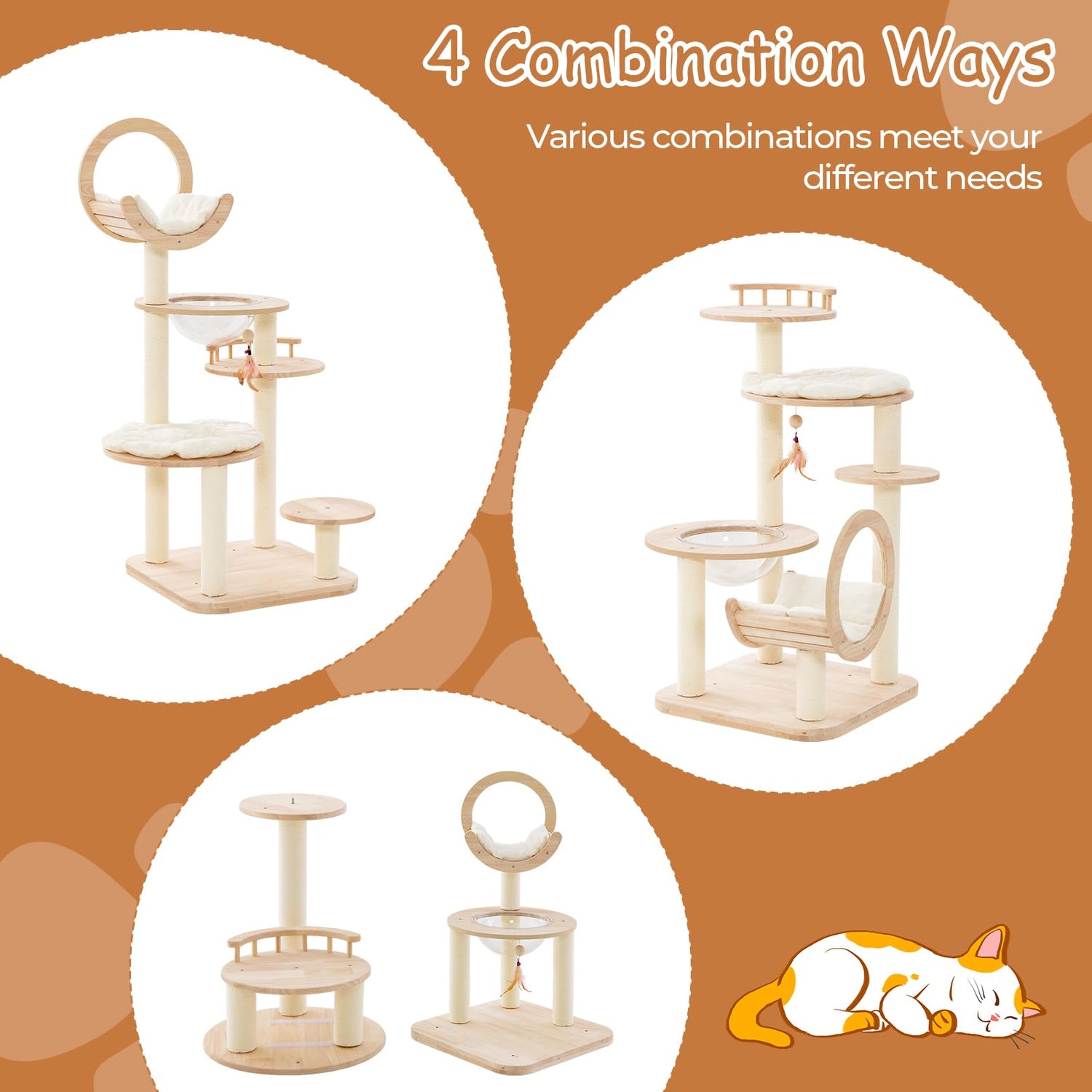 Multi-level Modern Solid Wood Cat Tower with Capsule Nest