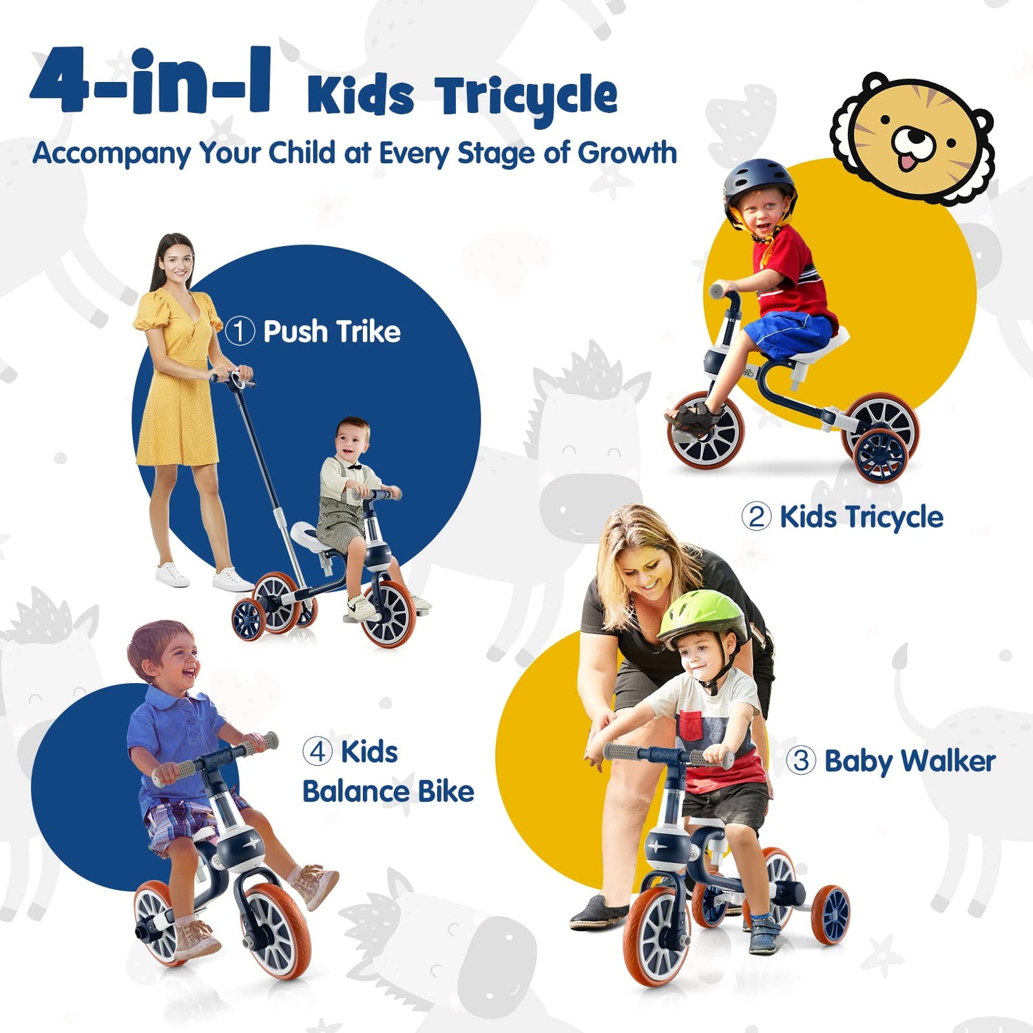 GYMAX 4 in 1 Kids Trike, Toddler Bike with Adjustable Push Handle