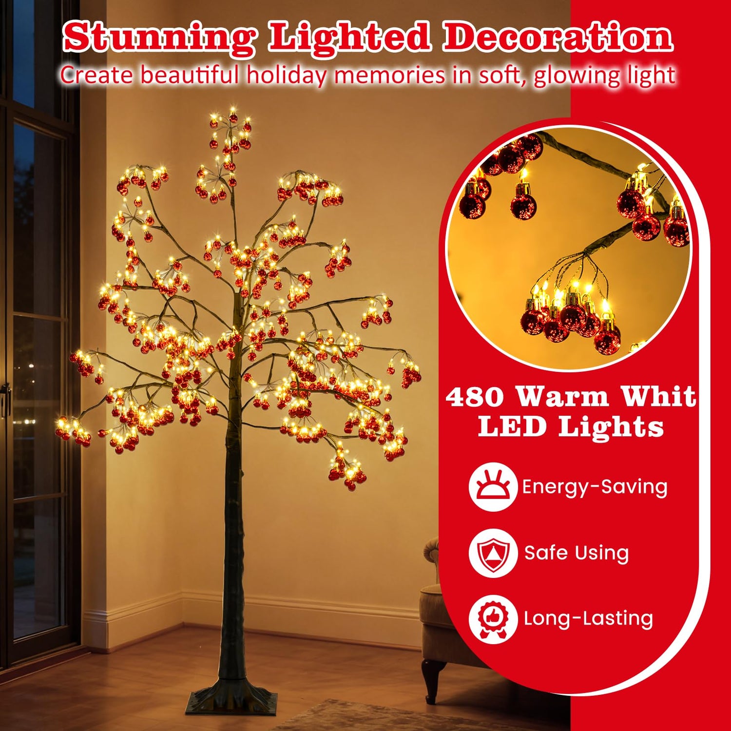 50CM/5FT Christmas Tree, Artificial Xmas Tree with Bendable Branches, 384 Red Balls