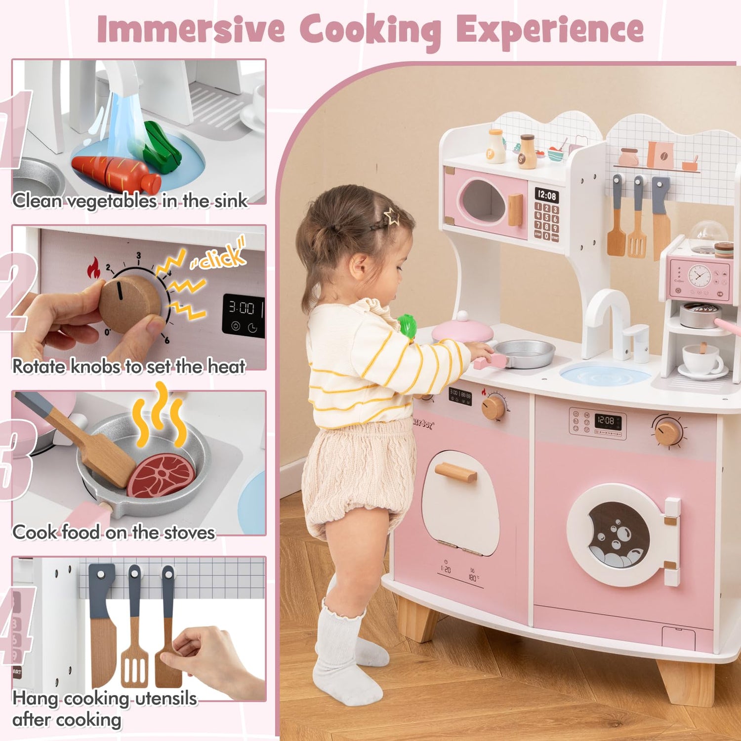 GYMAX Kids Play Kitchen, Wooden Toy Kitchen with Stoves, Microwave, Washing Machine