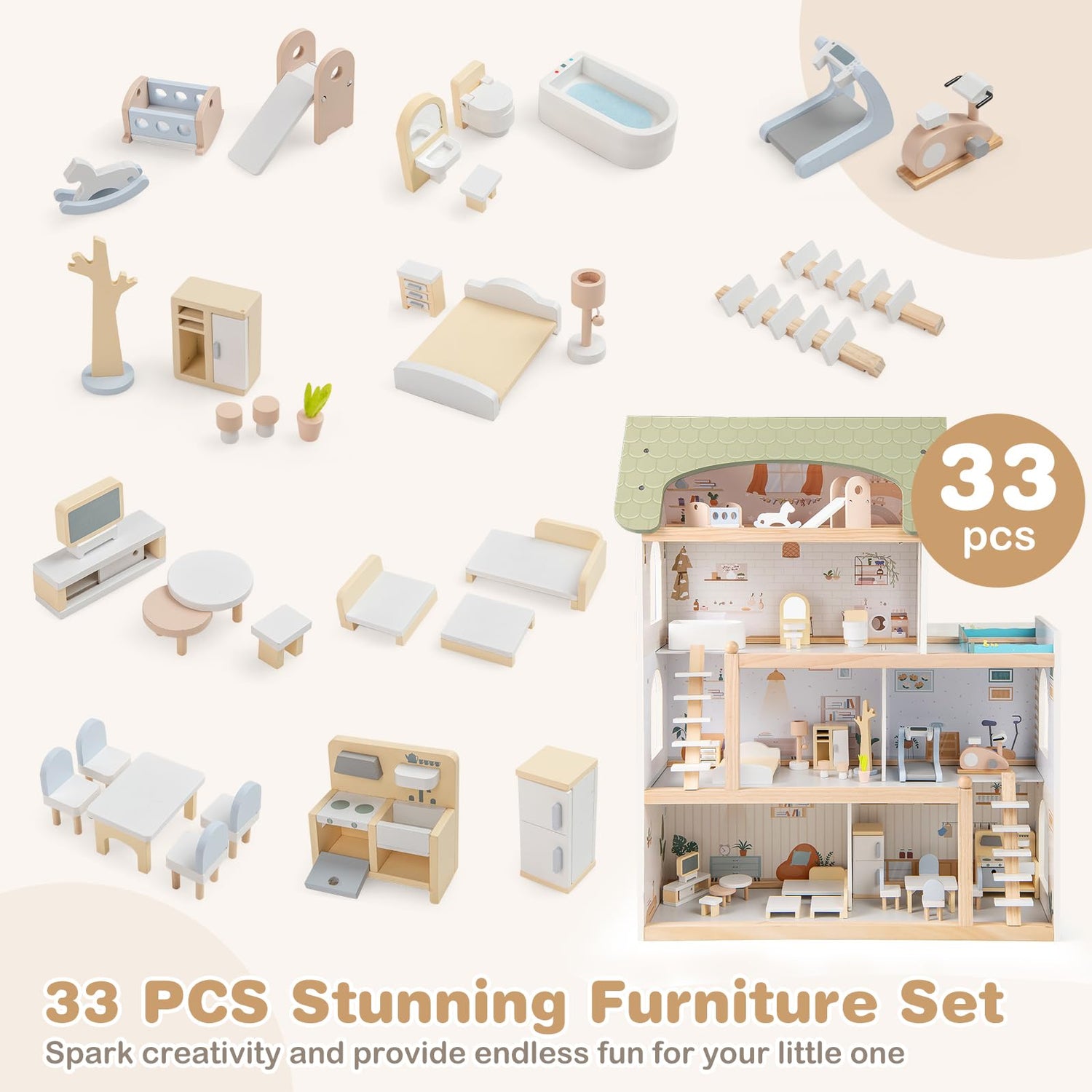 Wooden Dollhouse with 33 PCS Furniture Accessories for Girls and Boys